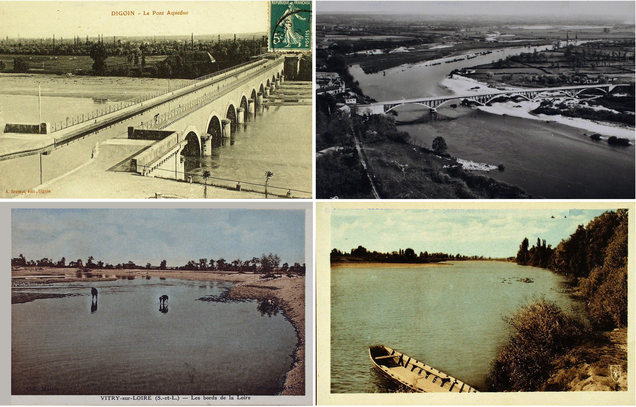De gauche à droite, de bas en haut : Digoin, le pont Aqueduc, sd ; Bourbon-Lancy, après 1950 ; Vitry-sur-Loire, les bords de la Loire, 1903 ; Saint-Aubin   en grand format (nouvelle fenêtre)