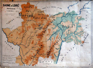 Carte géographie physique de Saône-et-Loire- milieu XXème en grand format (nouvelle fenêtre)