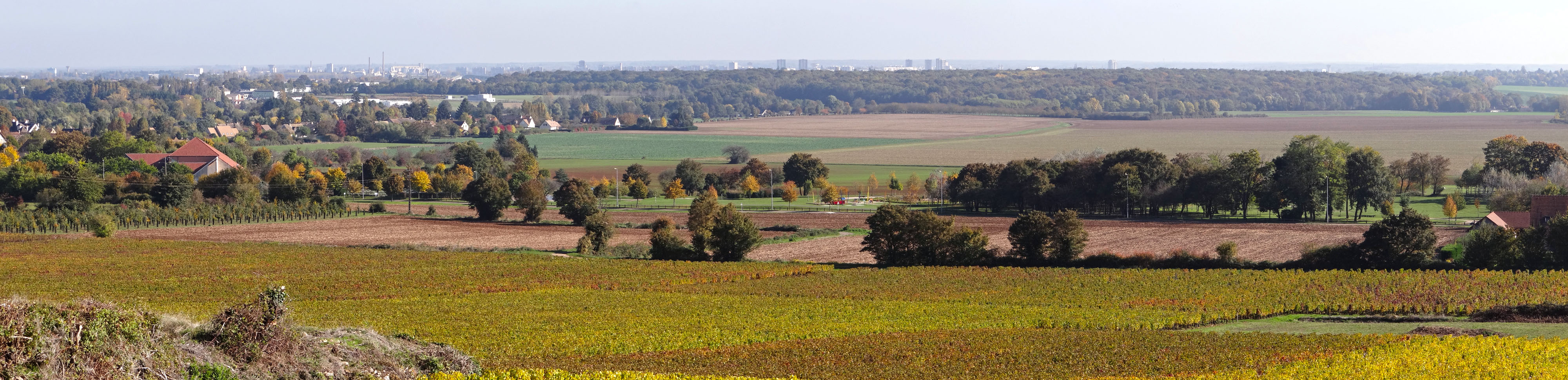 Les Terrasses Chalonnaises forment une vaste plaine boisée et cultivée dont rien n'émerge, hormis au loin les silos ou les immeubles de Châlons-sur-Saône. Vue depuis le pied de la Côte viticole à Givry en grand format (nouvelle fenêtre)