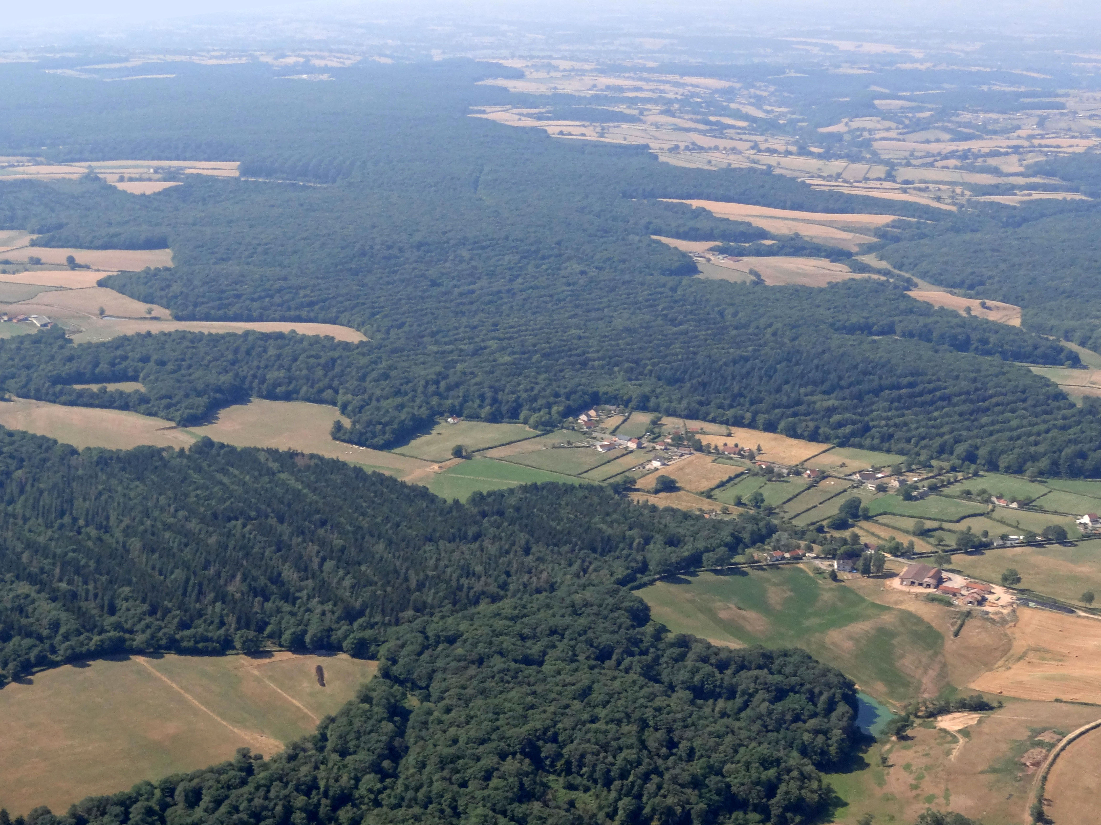 Bois et forêts occupent les points hauts du relief au-dessus des 400 m, mais ils sont surtout présents sur les rebords des vallées de la Loire et comme ici de l'Arroux. Au premier plan le hameau des Bois sur la commune de Neuvy-Grandchamp, en arrière-plan le massif des bois de la Verrerie et de la Motte  en grand format (nouvelle fenêtre)