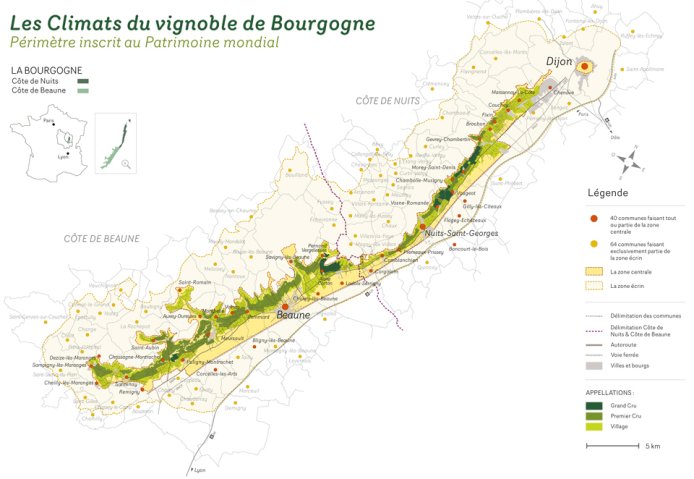 Périmètre du classement Unesco des climats du vignoble de Bourgogne  en grand format (nouvelle fenêtre)