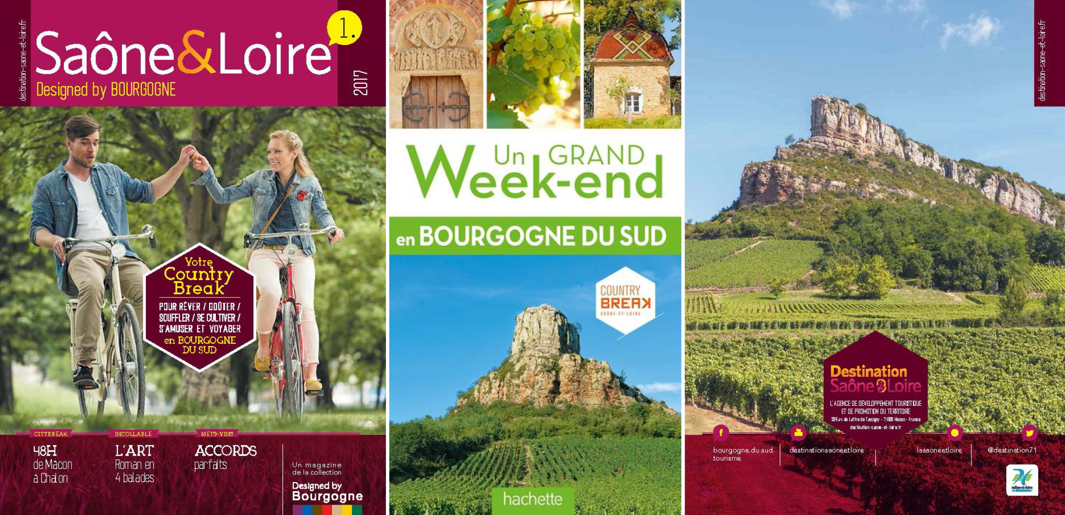 Saône-et-Loire, design by Bourgogne, Destination Saône-et-Loire, 2017, couverture et 4e de couverture Un grand week-end en Bourgogne du sud, Hachette, 2017