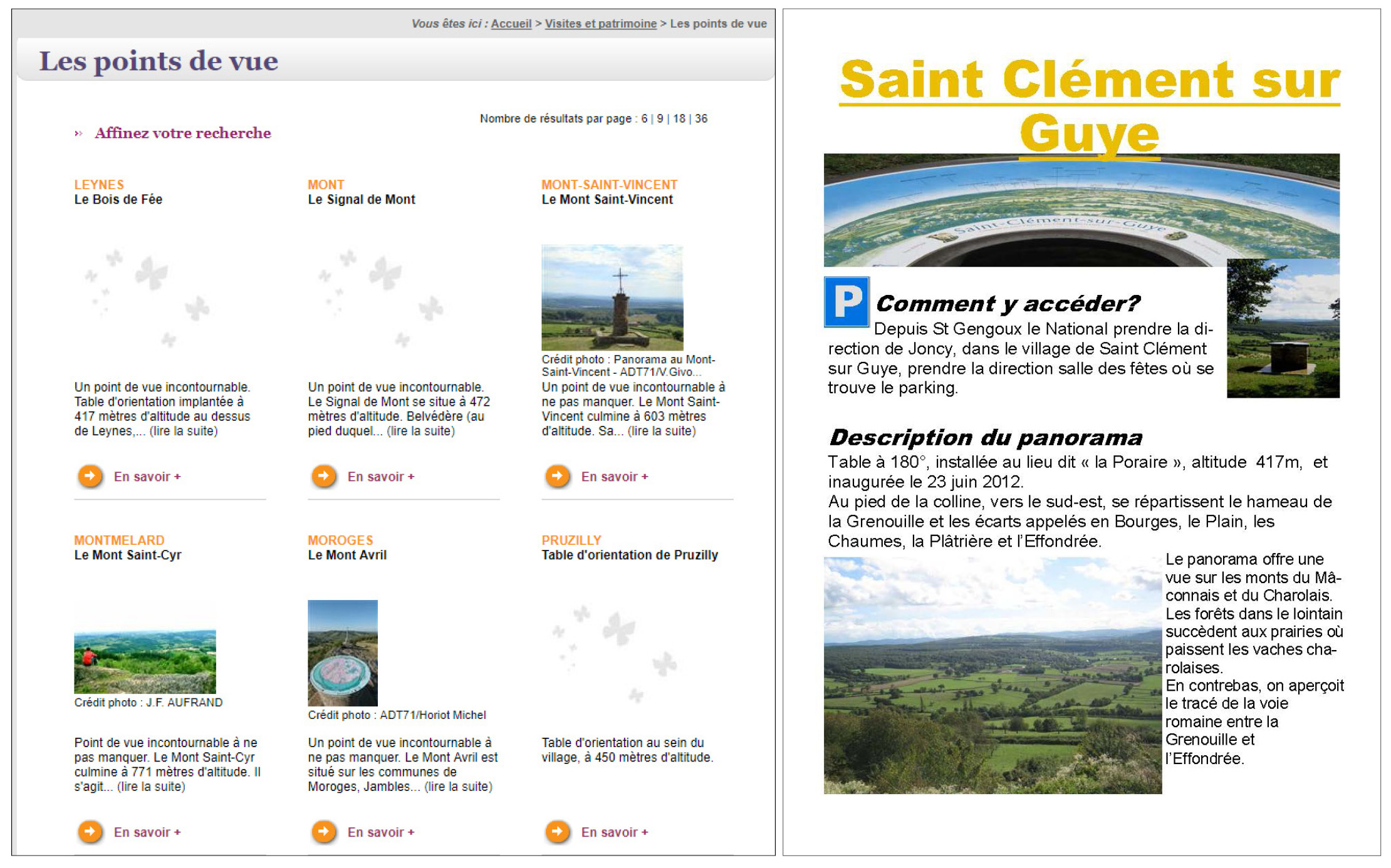A gauche : page du site Internet « Destination Saône-et-Loire » consacrée aux points de vue, août 2017 ; à droite, extrait d’une page de la brochure téléchargeable Tables d’orientation : panoramas d’exception, points de vue remarquables en Saône-et-Loire, sd
