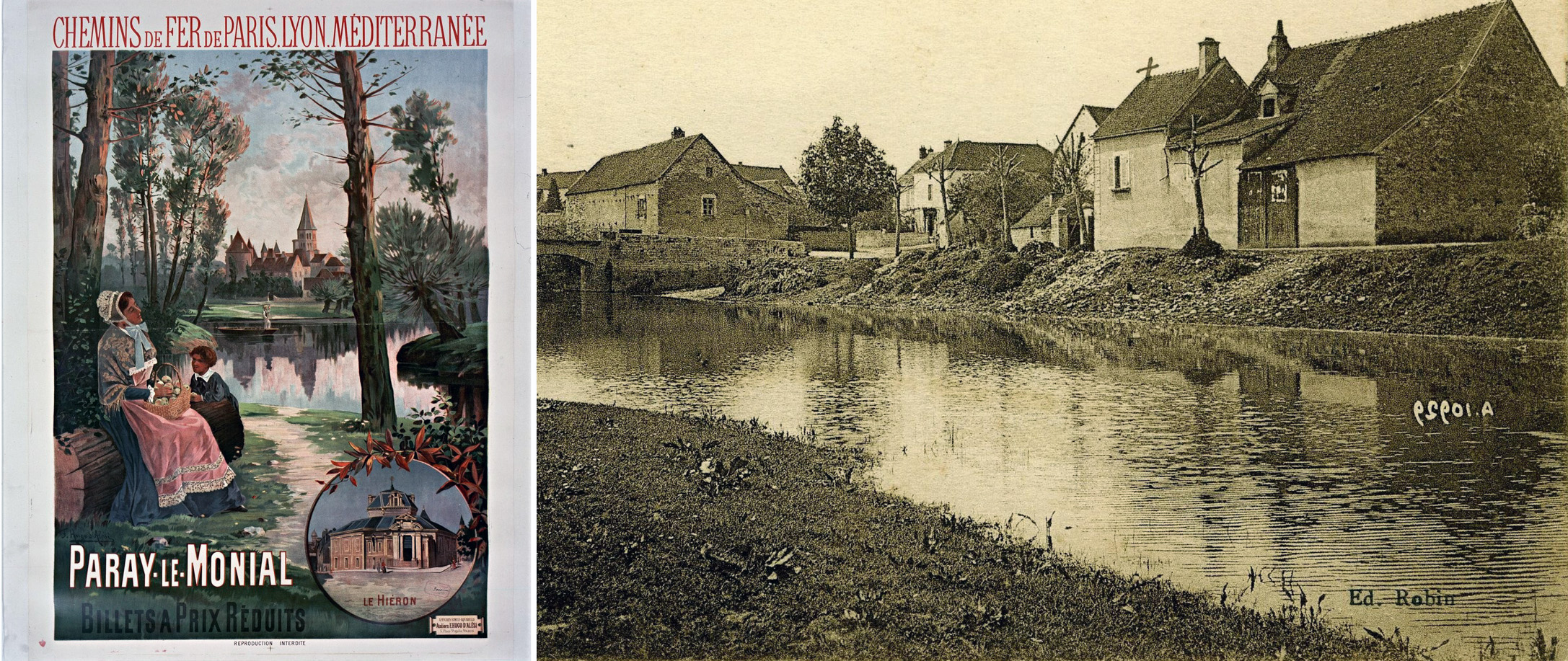  A gauche, Paray-le-Monial, affiche PLM 1904 ; à droite, Le Grosne à Messeugne (Savigny-sur-Grosne), début XXe siècle