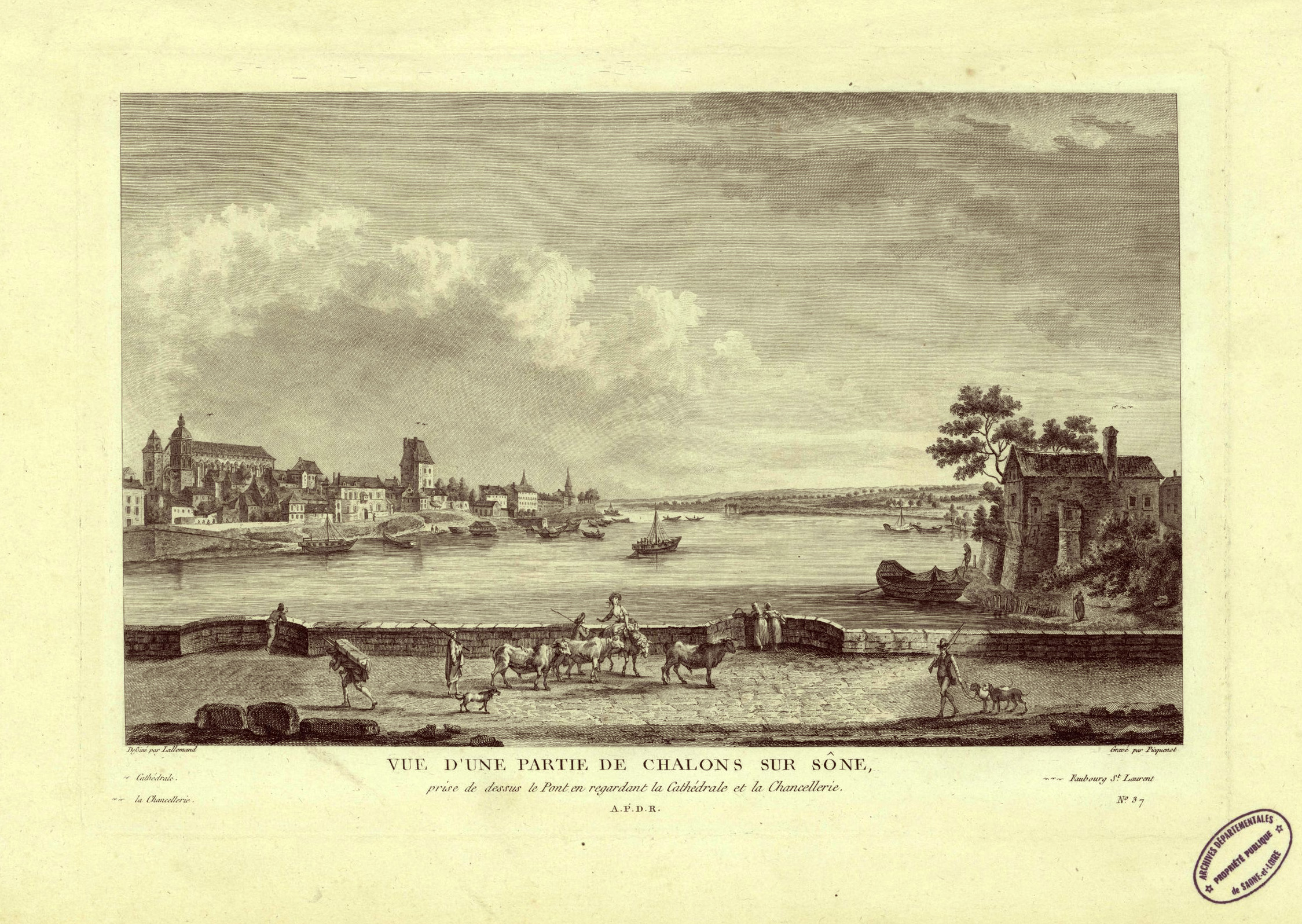 J.B. Lallemand, Vue d'une partie de Chalon-sur-Saône prise de dessus le pont en regardant la cathédrale et la chancellerie, XVIIIe siècle © Archives départementales de Saône-et-Loire, droits réservés, 2 Fi 1/205