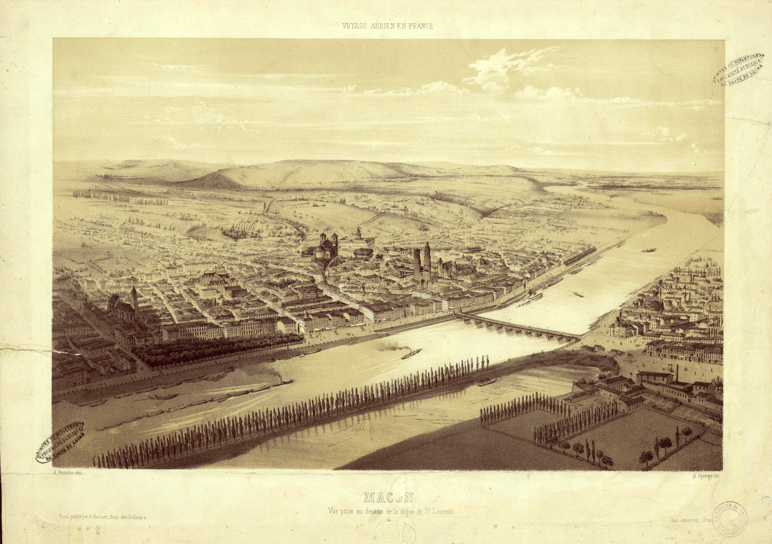 A. Guesdon, Mâcon, Vue prise au-dessus de la digue de Saint-Laurent, XIXe siècle © Archives départementales de Saône-et-Loire, droits réservés, 2 Fi 1/32
