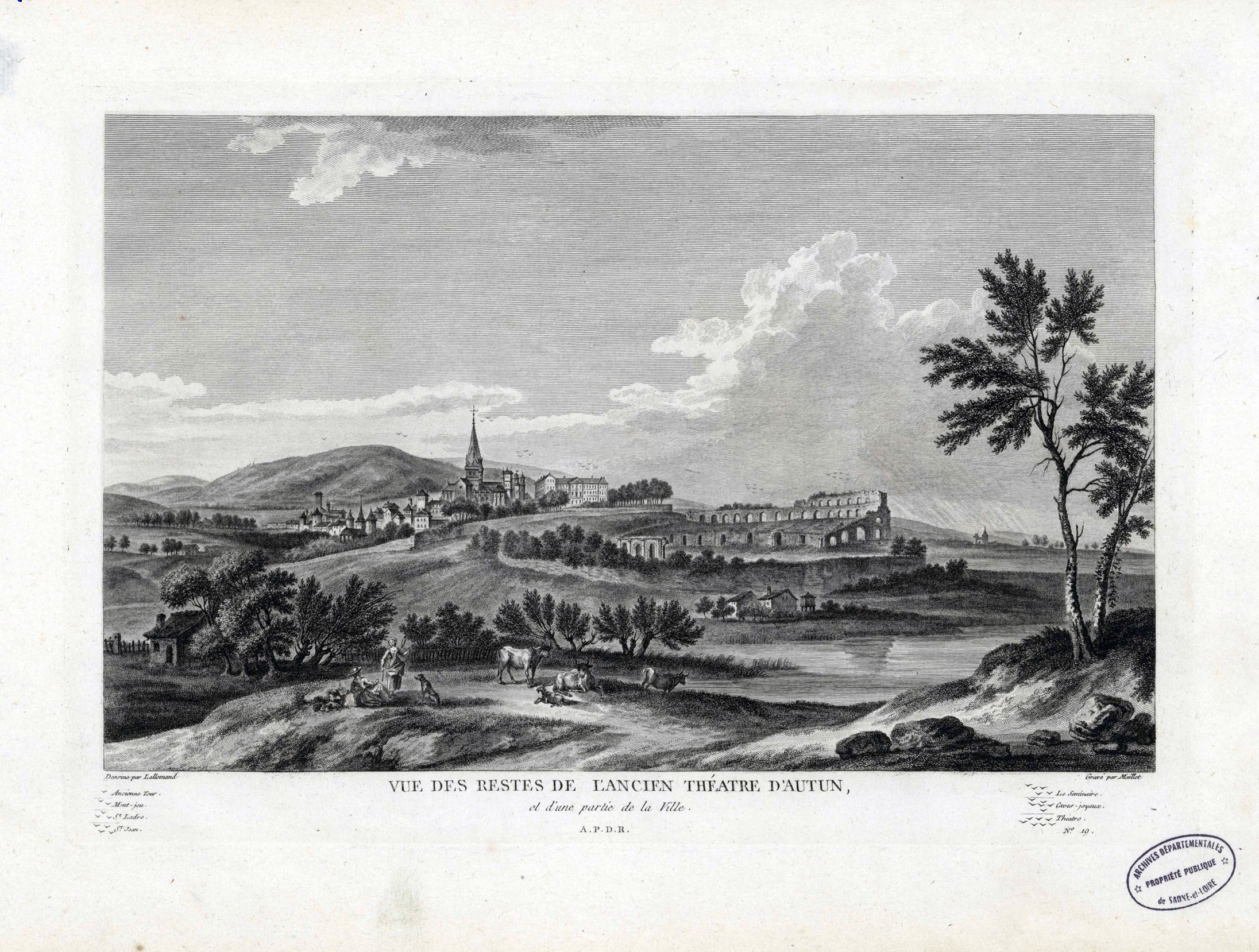 J.B. Lallemand, Vue des restes de l'ancien théâtre d'Autun et d'une partie de la ville, XVIIIe siècle © Archives départementales de Saône-et-Loire, Fi 1/209
