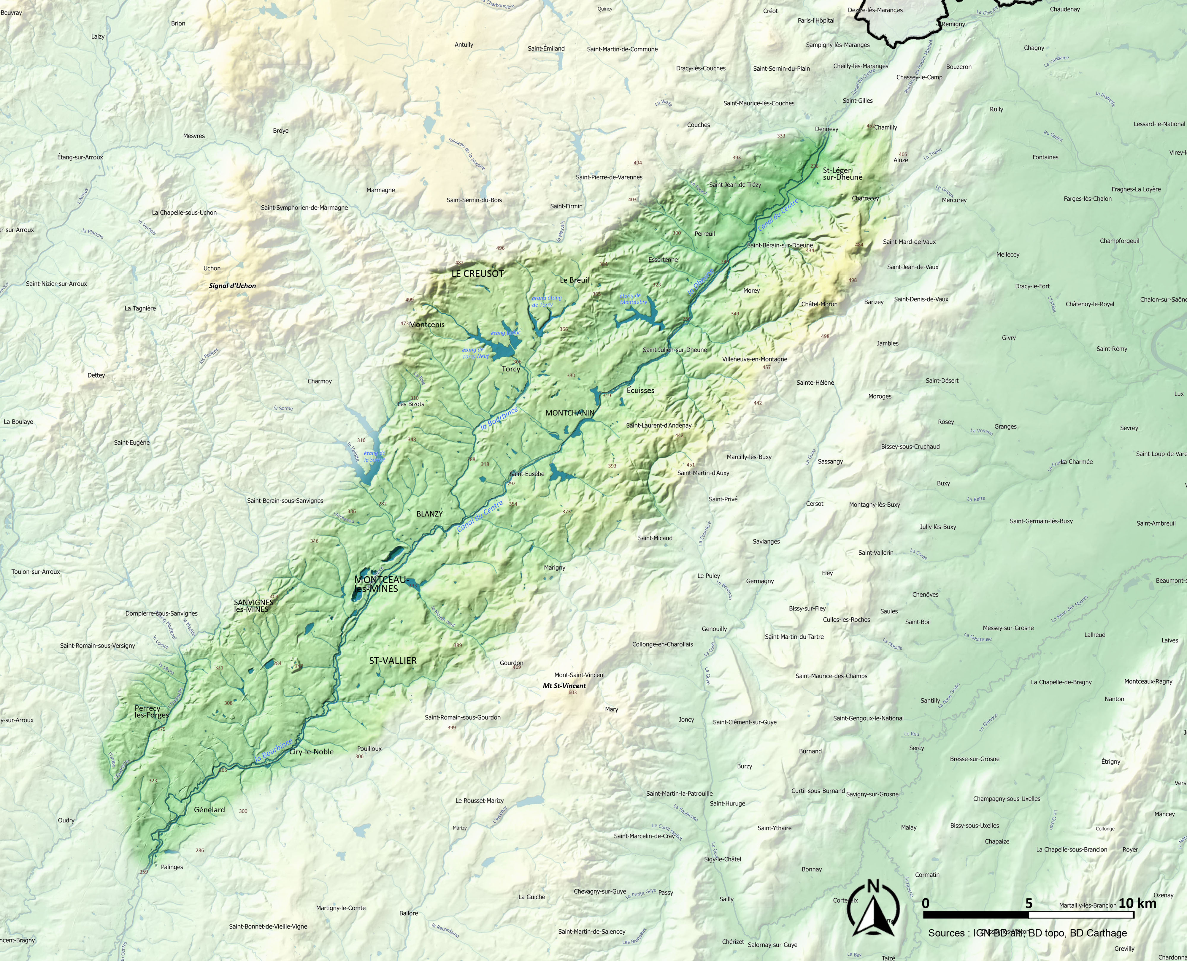 Bassin Minier carte relief et eau