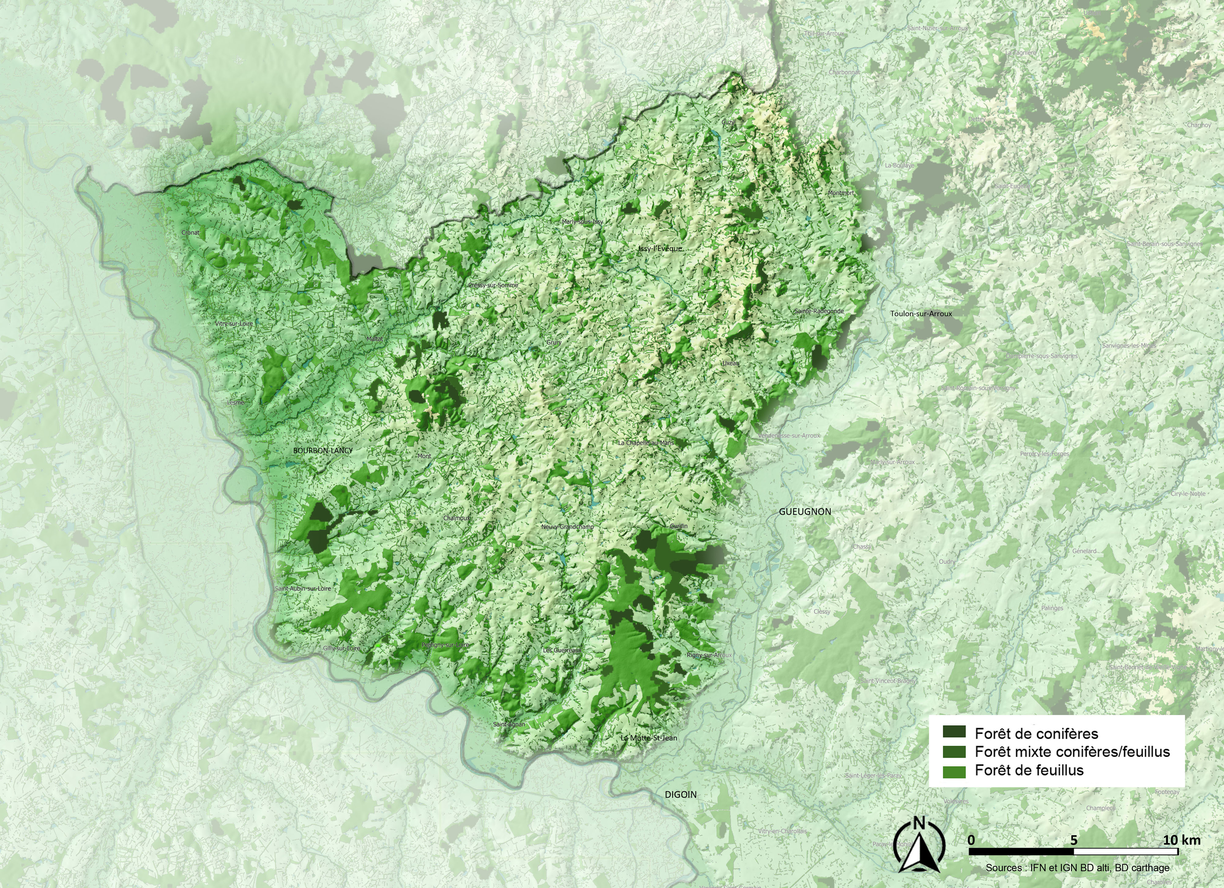 Collines du Bourbonnais carte arbre et forêt