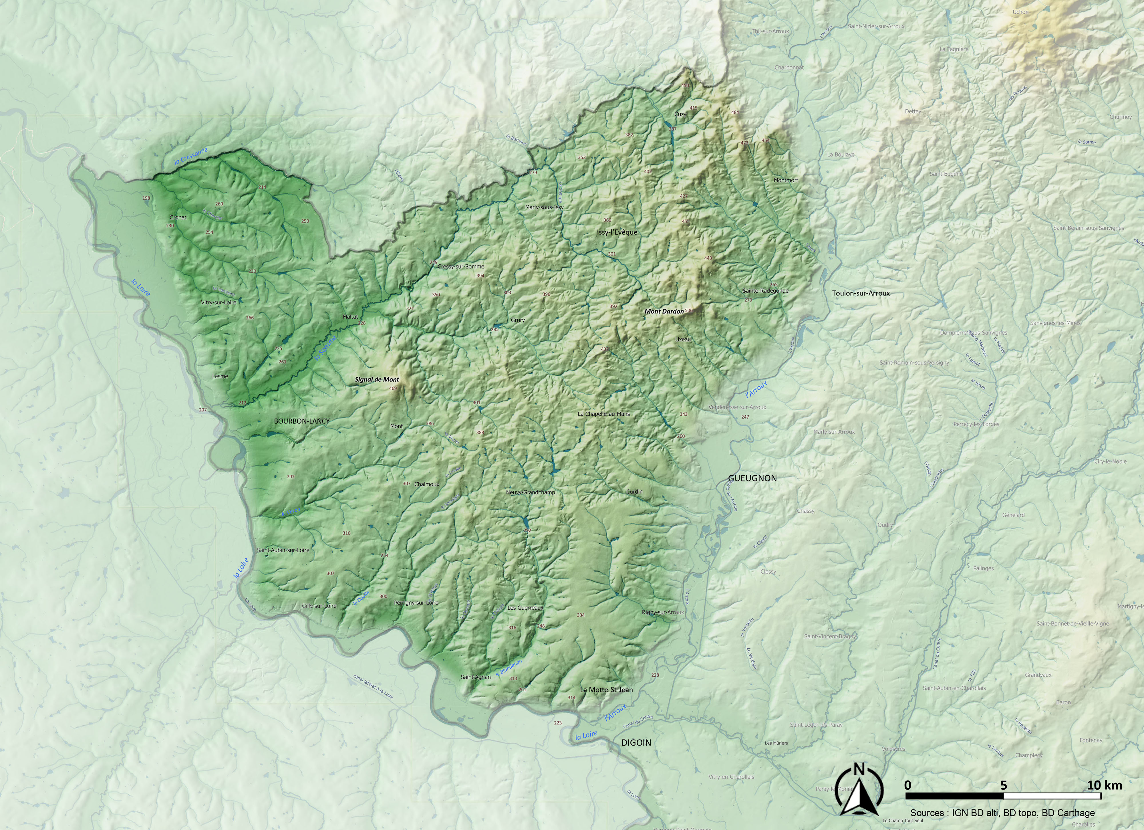 Collines du Bourbonnais carte relief et eau