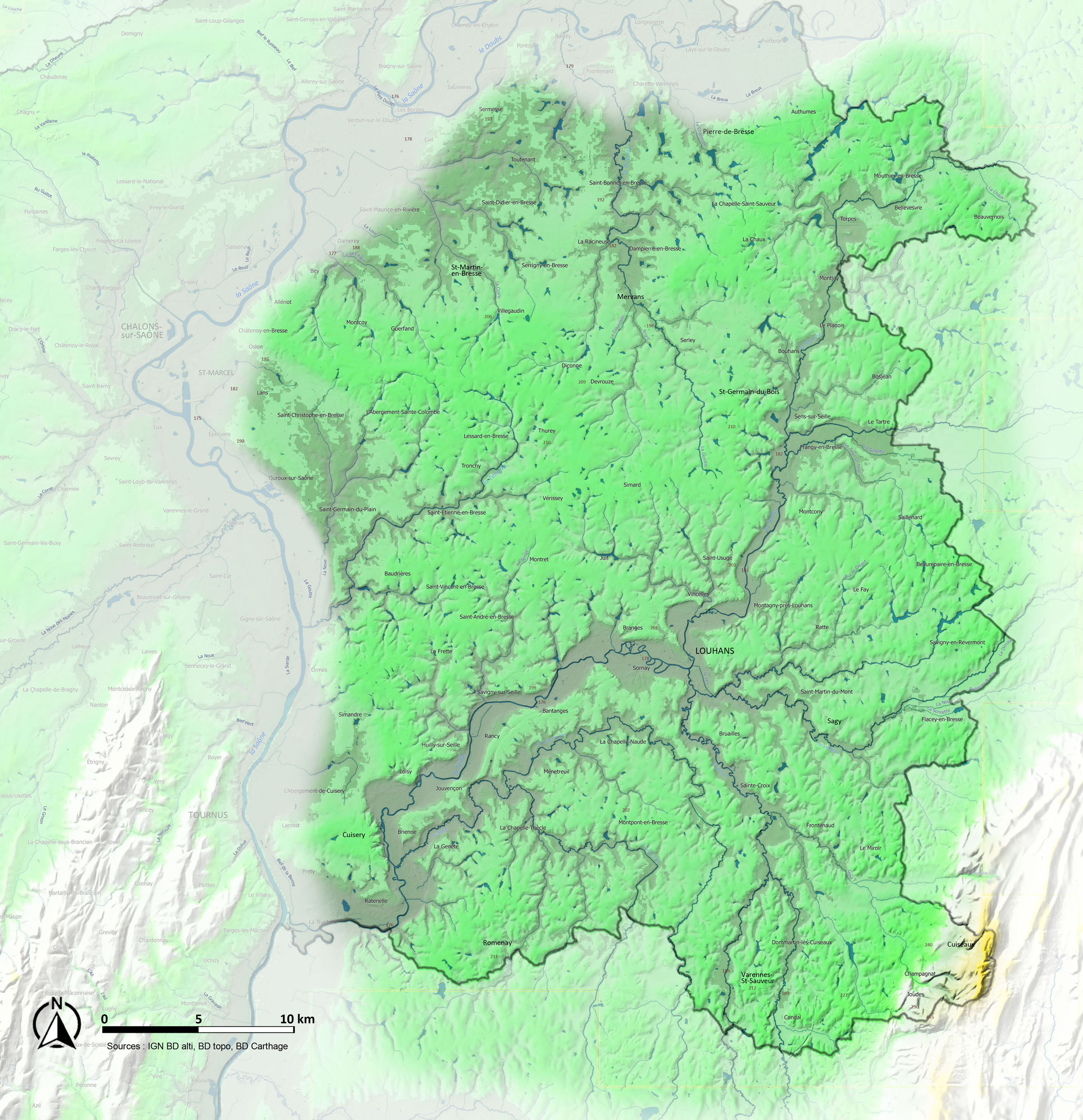 Bresse Bourguignonne carte relief et eau Bresse Bourguignonne carte relief et eau