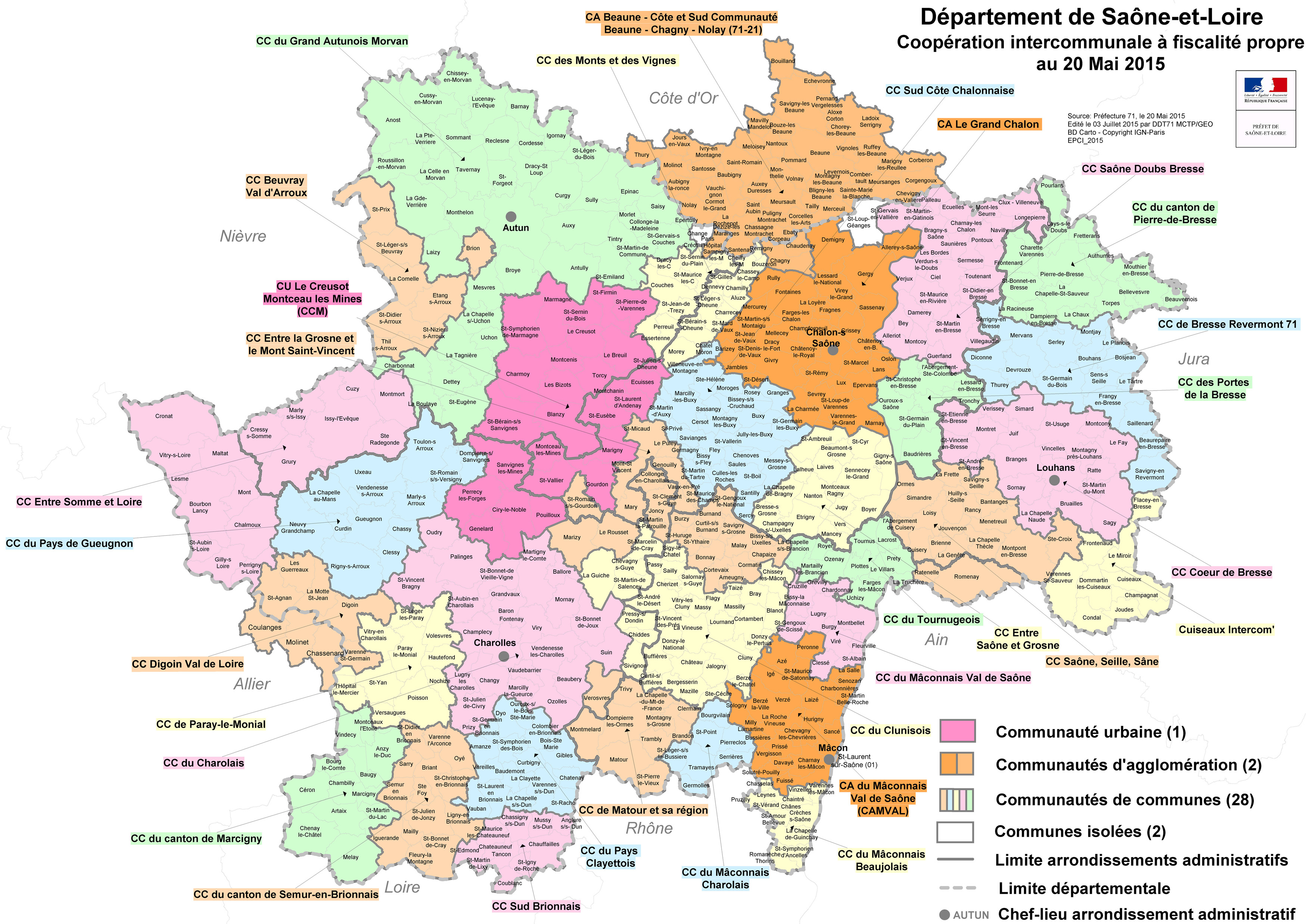 Carte des Epci. DDT 71 . 2015