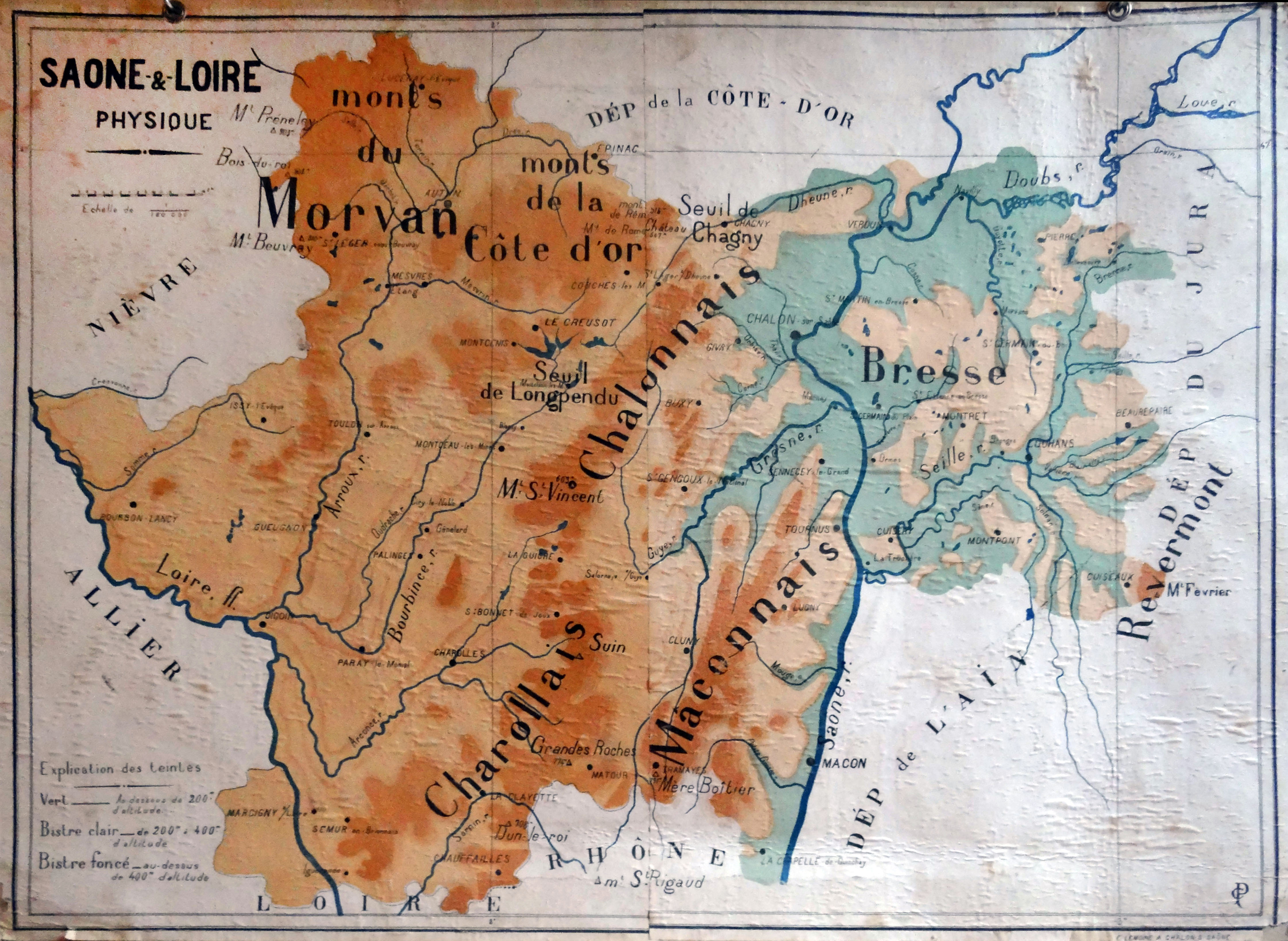 Carte géographie physique de Saône-et-Loire- milieu XXème