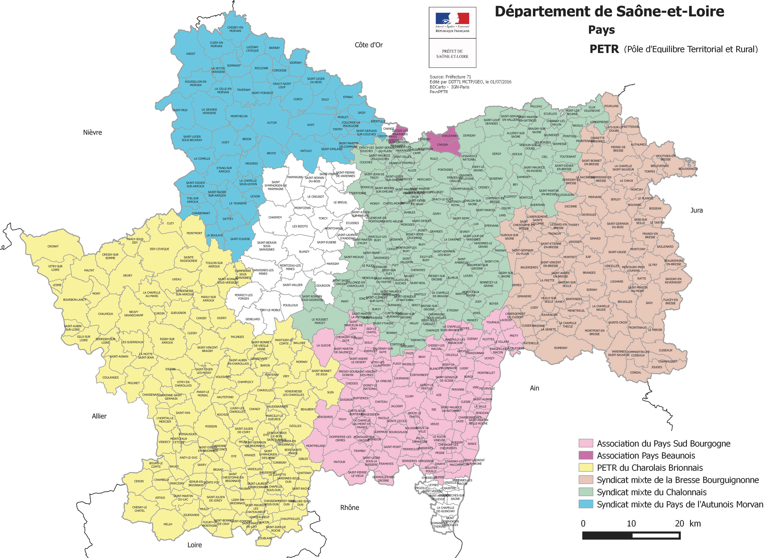 Carte des Pays et Pôle d'Equilibre Territorial et Rural. DDT 71. 2016 