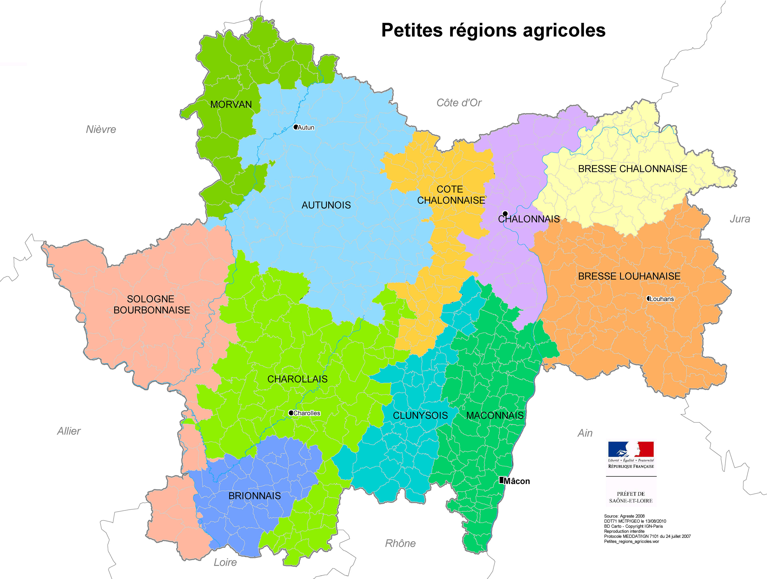 Carte des petites regions agricoles. Agreste. 2008