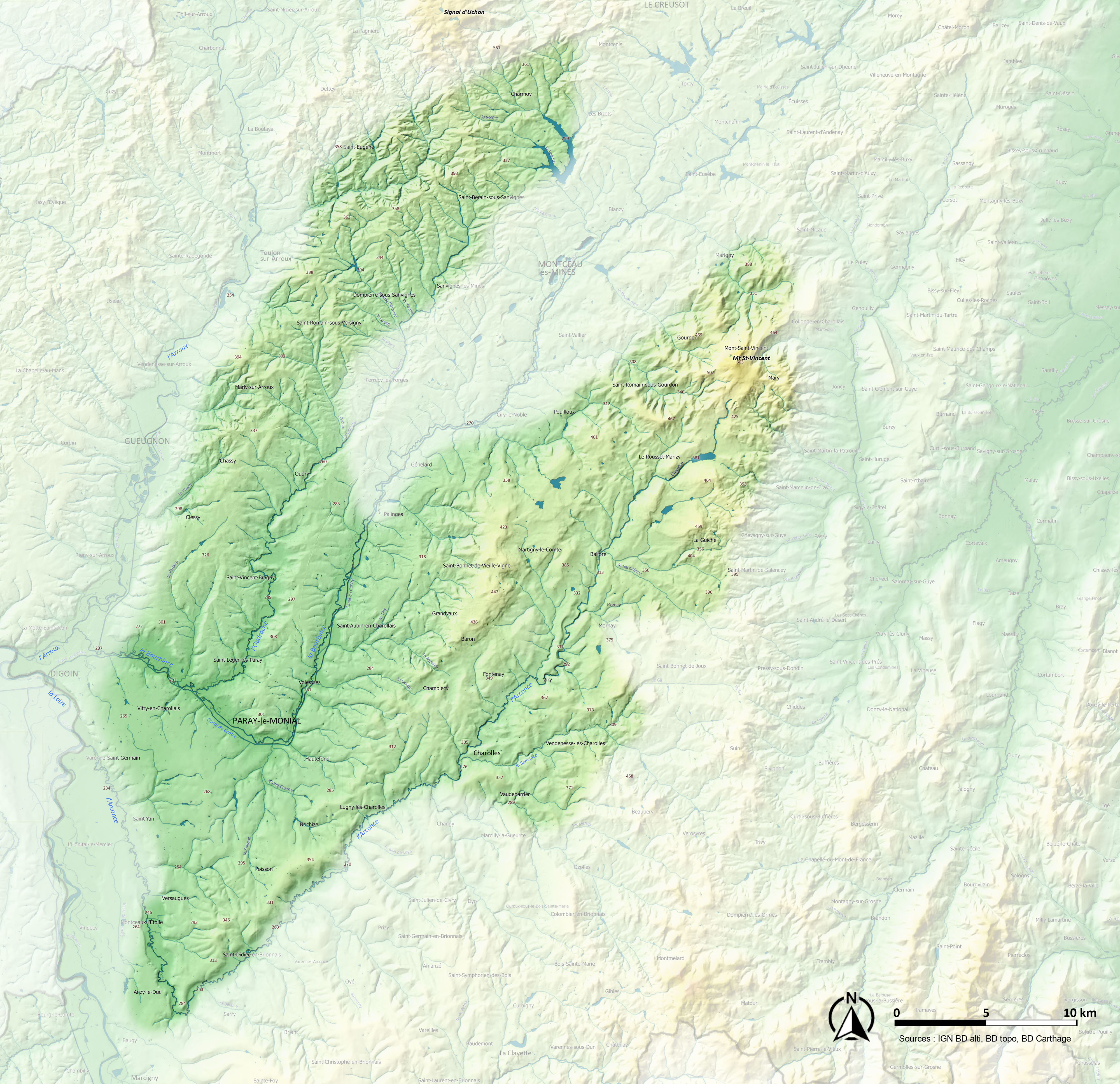 Charolais carte relief et eau