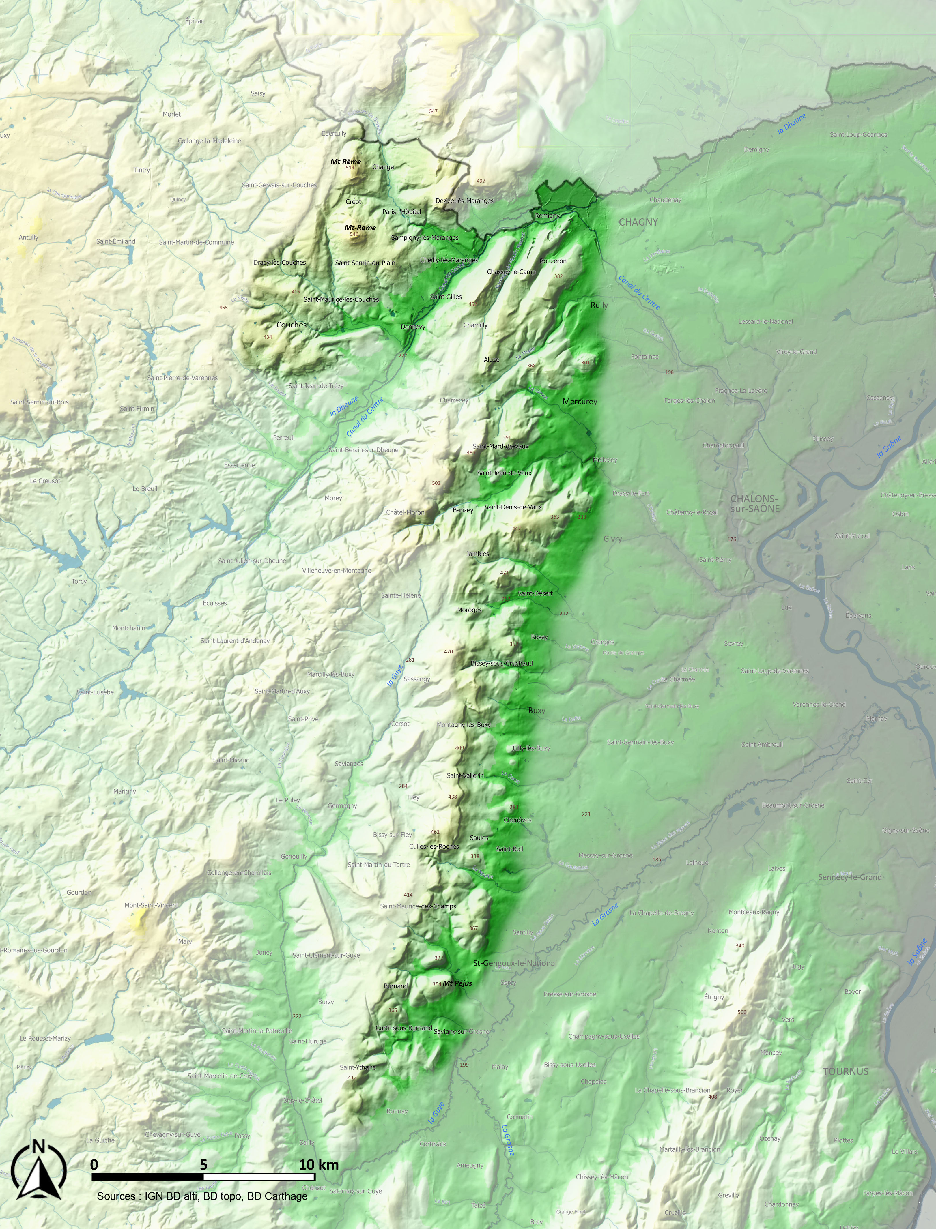 Côte Chalonnaise carte relief et eau