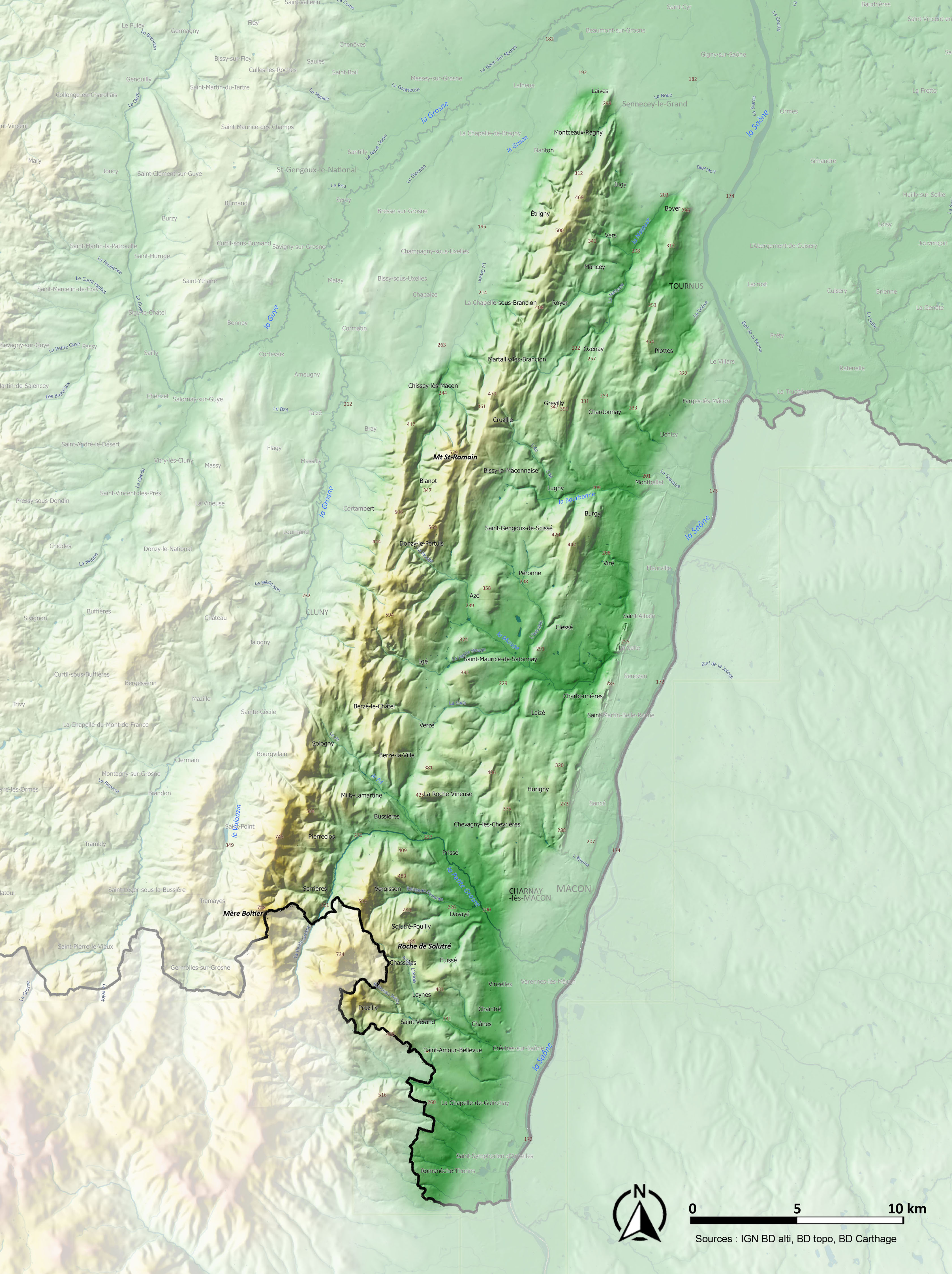 Côte Mâconnaise carte relief et eau