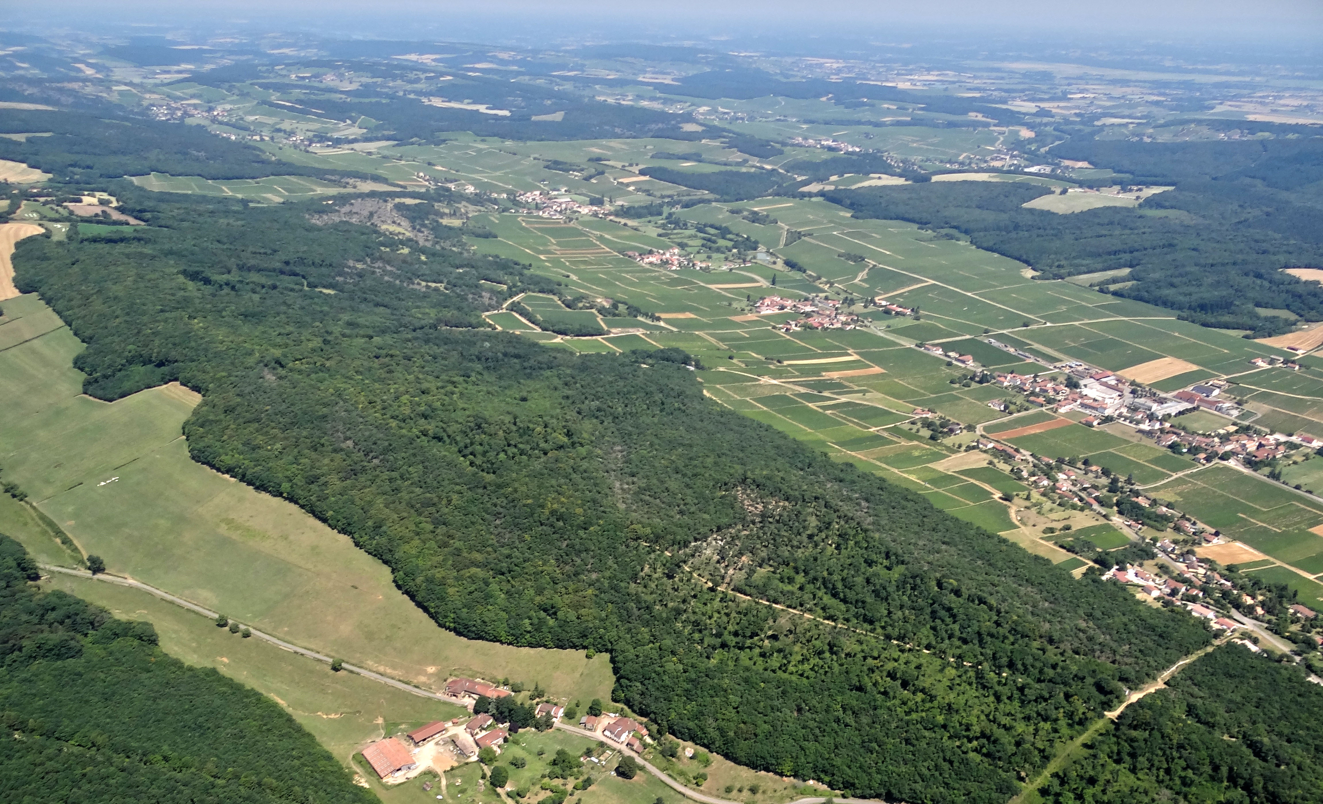La Côte Mâconnaise forme une série de cinq plissements parallèles, orientés nord/sud, formant une succession de vallons entrecoupés de crêtes boisées. Au premier plan le hameau de la Verzée, implanté dans une vallée bocagère perchée ; au second plan St-Gengoux-de-Scissé au cœur d’un plissement viticole.
