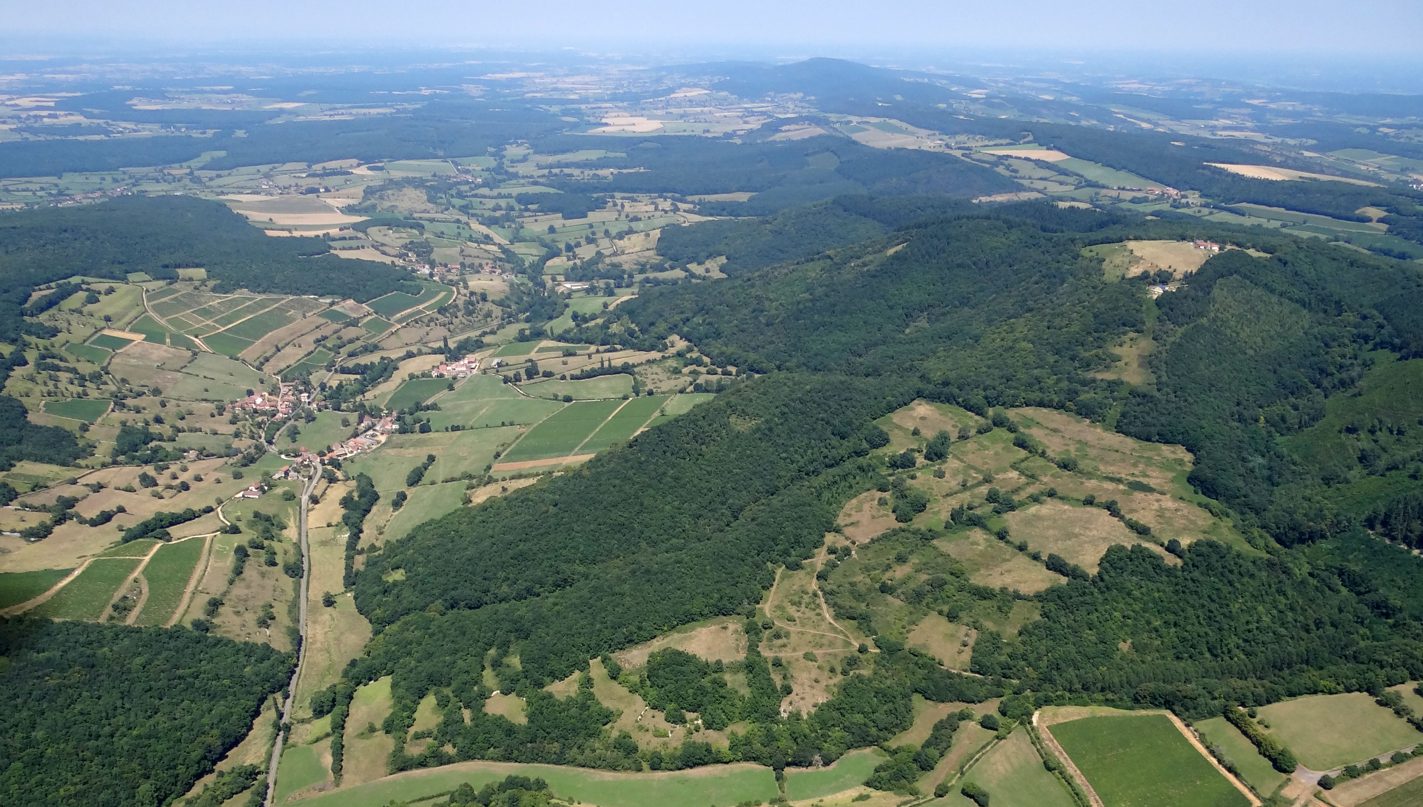 À l’ouest de la Côte Mâconnaise, les roches sont cristallines, les sols sont maigres en haut de pente, essentiellement plantés en résineux. Ils s’épaississent un peu sur les versants, avec localement des cuvettes humides et sont propices aux prairies. A droite on reconnait la dorsale du Mont St-Romain avec sa clairière sommitale. A gauche le vallon du Grison et les hameaux de Nouville et du Voisinet sur la commune de Blanot