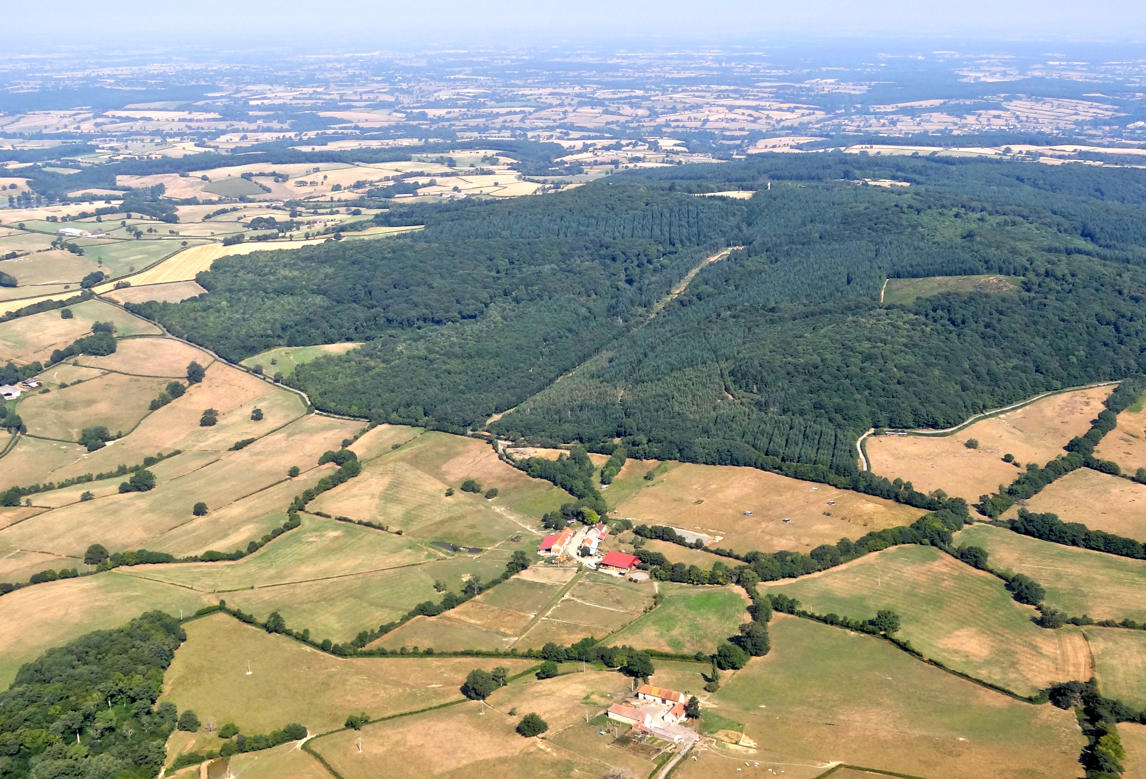 Au Sud de Bourbon-Lancy, le socle primaire affleure. Les crêtes et les reliefs marqués comme le signal du Mont sont constitués d’épanchement de lave acide à l’époque du Viséen, au début du Carbonifère, lors de l’émergence de la montagne hercynienne. Les sols sont très maigres, voués à la forêt. Le Signal de Mont (469 m) forme un relief isolé qui se repère sur un large territoire et offre depuis son sommet un belvédère unique sur les collines du Bourbonnais. Au premier plan les fermes des Dorins et de Chantôt. Mont