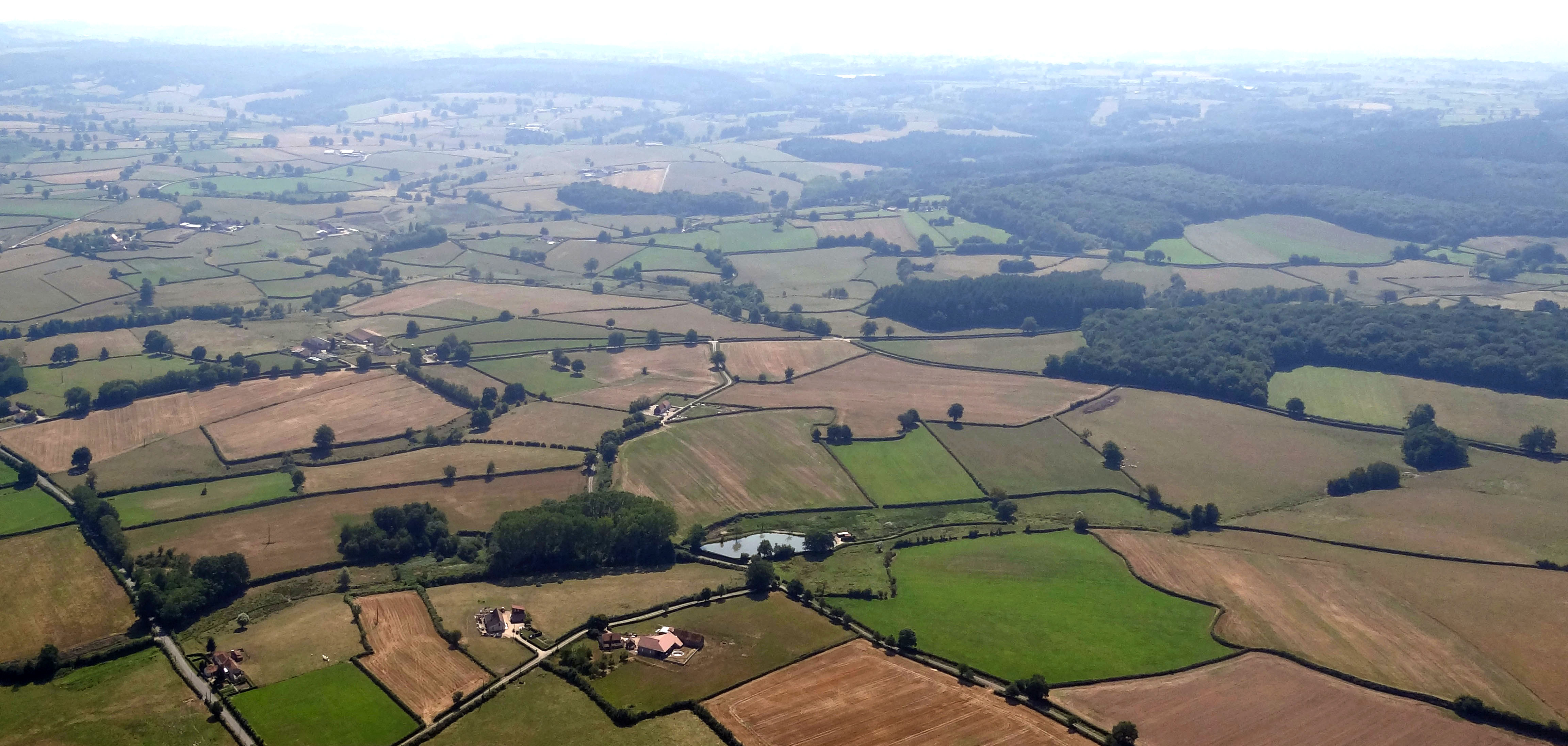 Les bois et quelques petits massifs forestiers occupent majoritairement les hauts, souvent sur des sols pauvres. Ils sont composés essentiellement de feuillus. Au premier plan la ferme de Bierette, en second plan les bois de la Goutte et du Limandet. Ciry-le-Noble