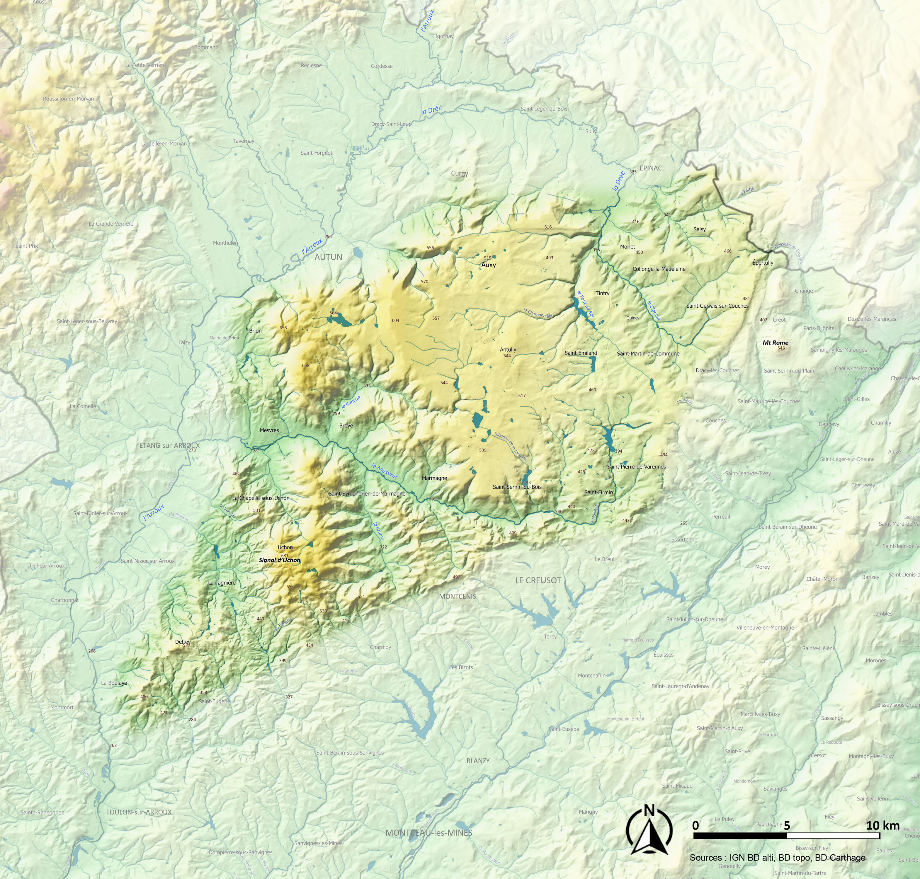 Montagne Autunoise carte relief et eau Montagne Autunoise carte relief et eau
