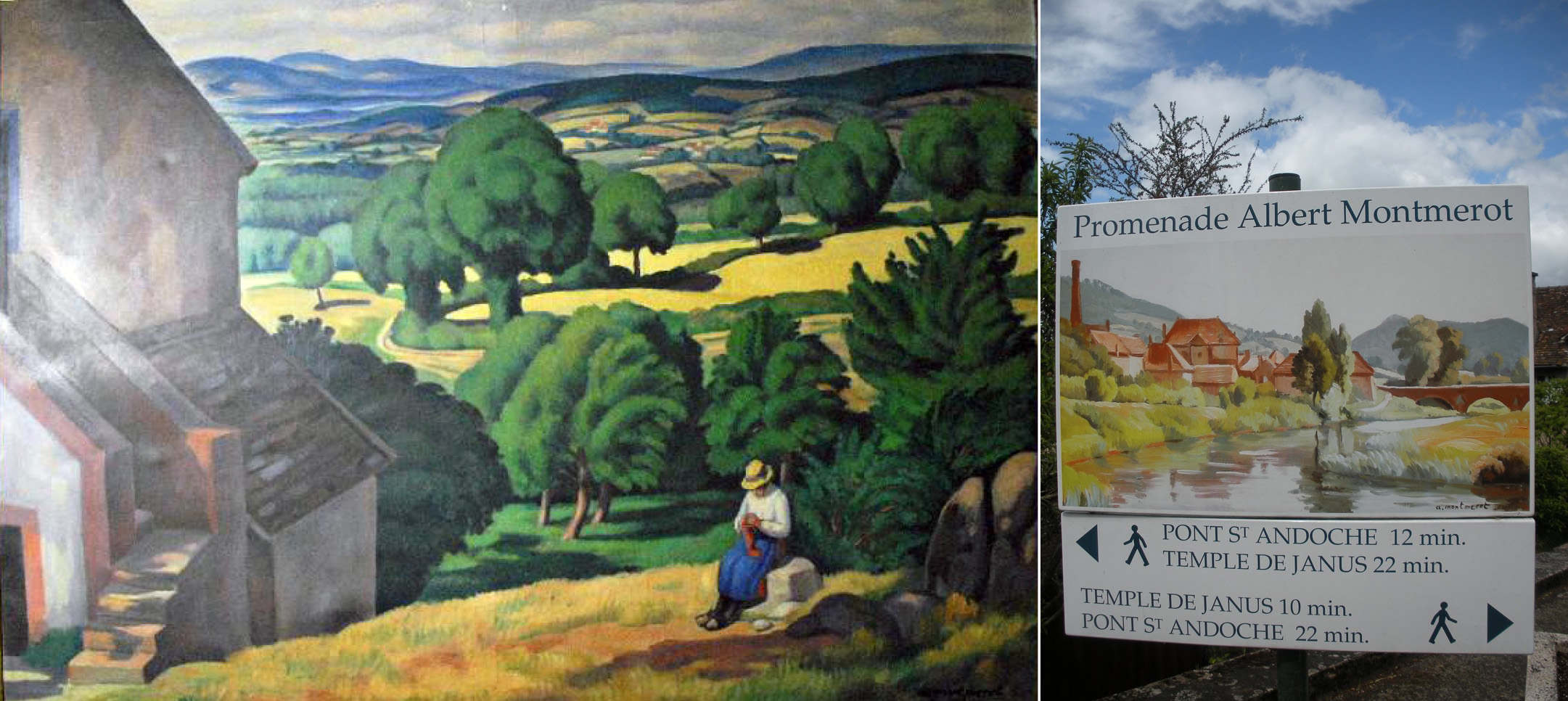 Albert Montmerot, Vue sur la campagne autunoise (des hauteurs de Couhard), 1926, Autun, musée Rolin © Claudine Massard ; à droite le panneau de présentation de la promenade dédiée au peintre à Autun