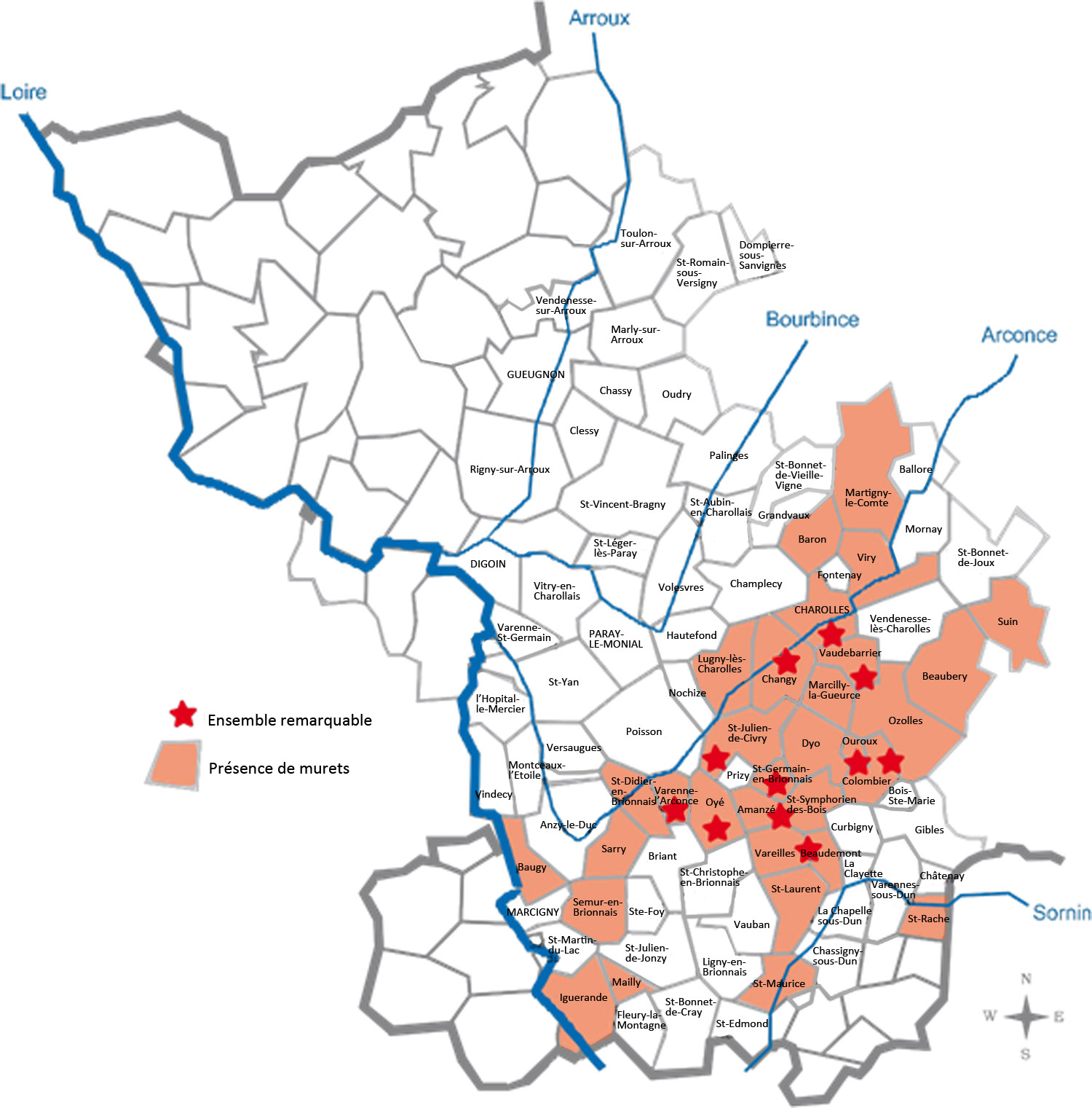 Carte de présence des murets en Brionnais