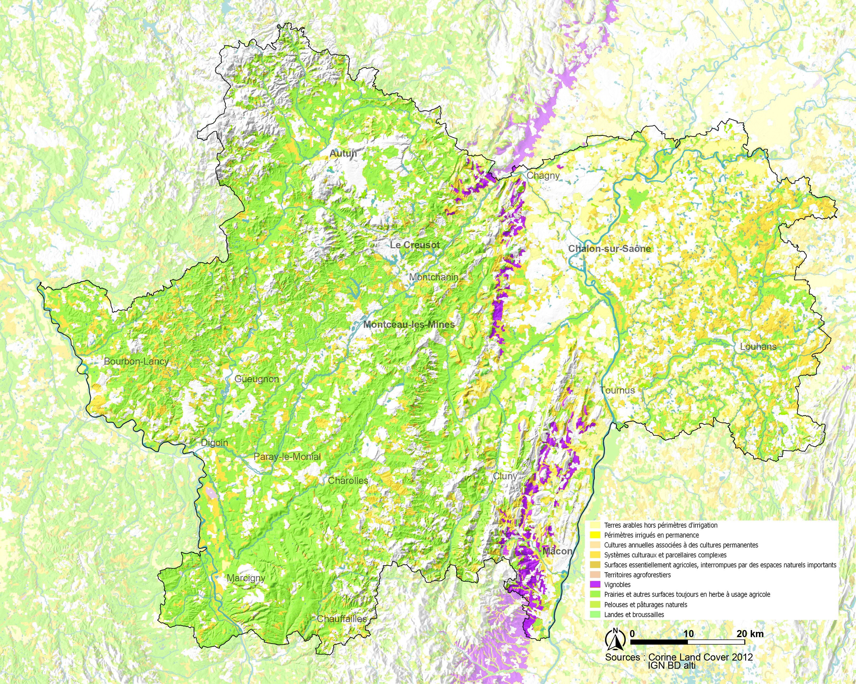 Carte de l'occupation du sol agricole en Saône-et-Loire