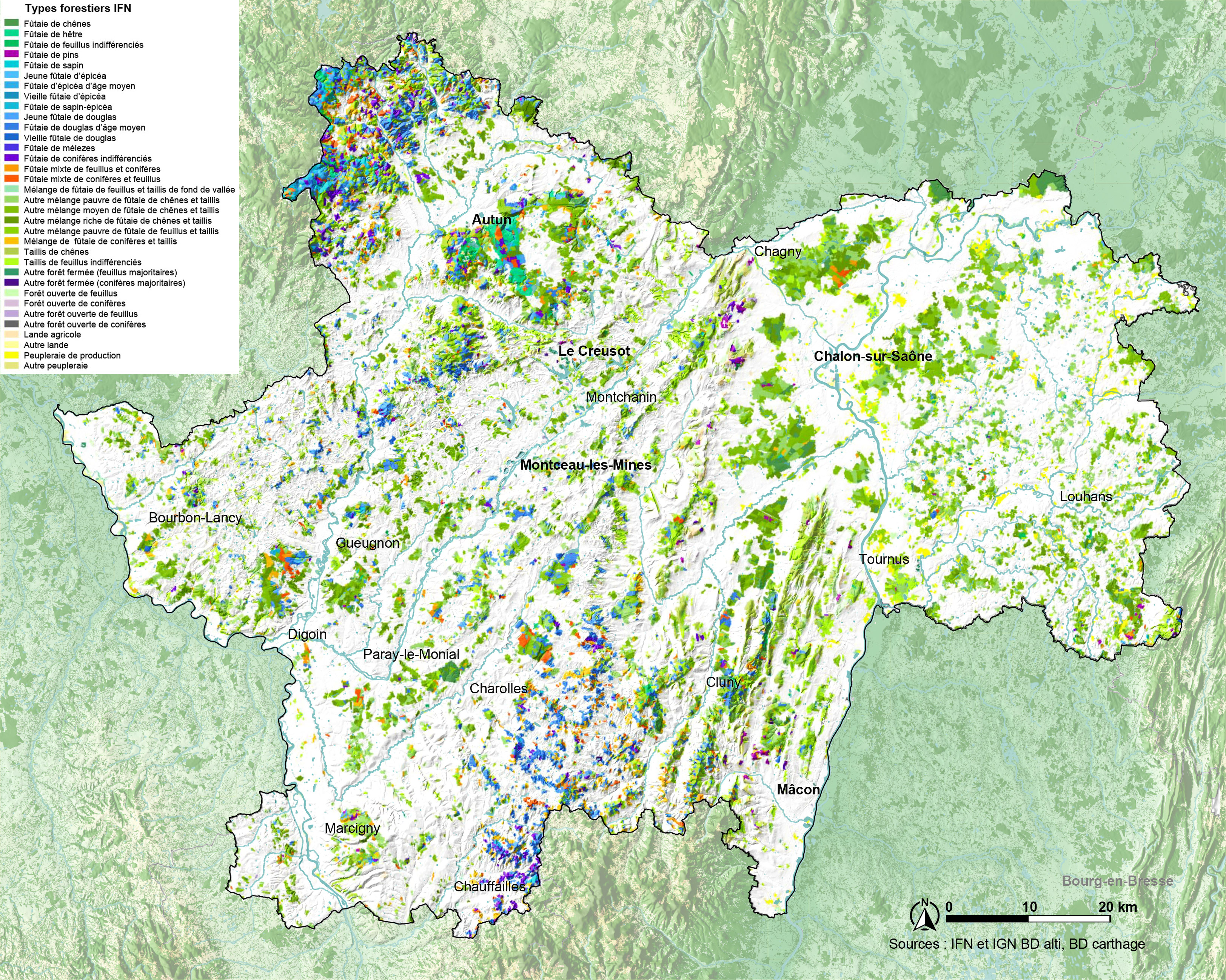 Carte des types de peuplements forestiers. source IFN