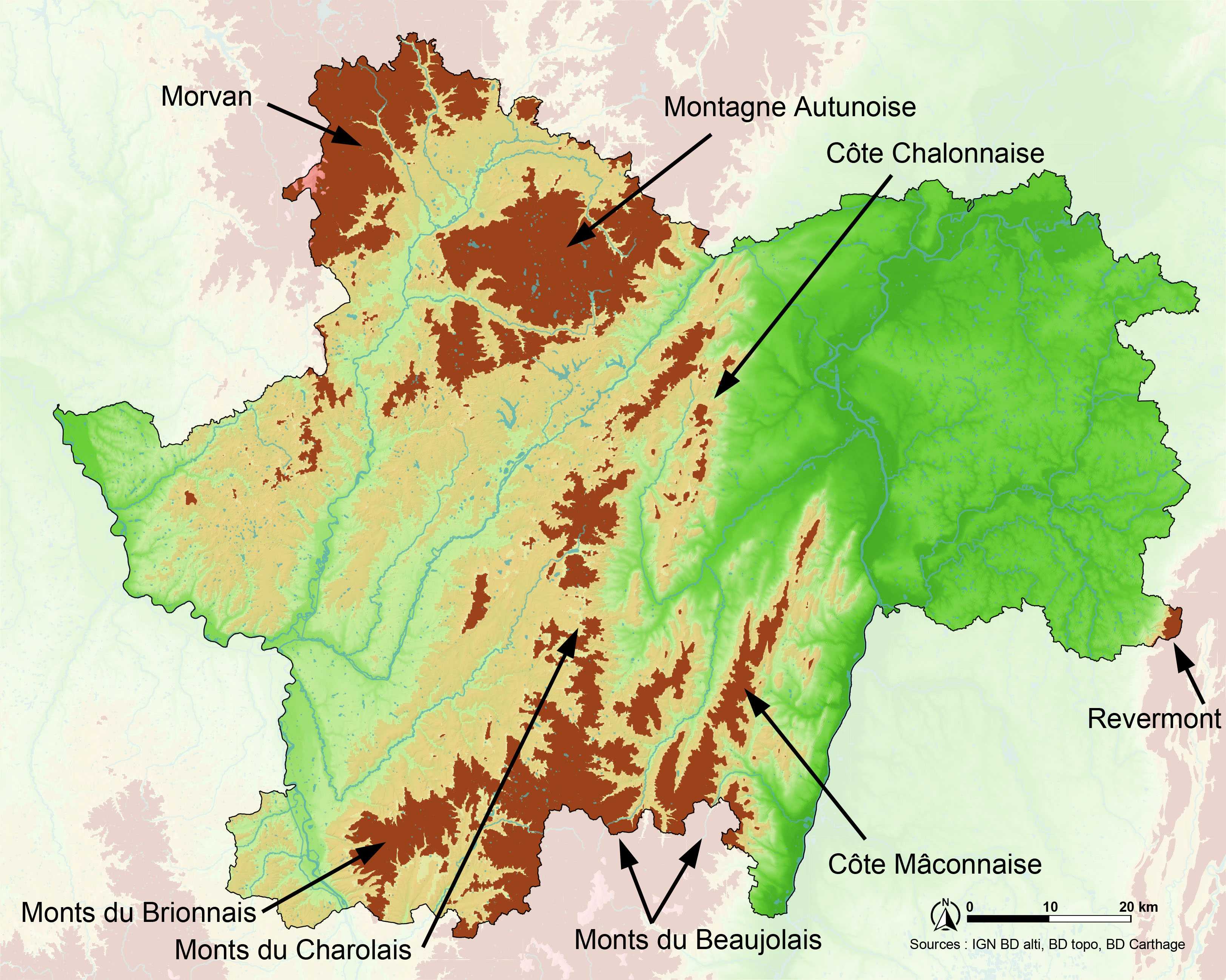 Carte des grands reliefs de Saône-et-Loire