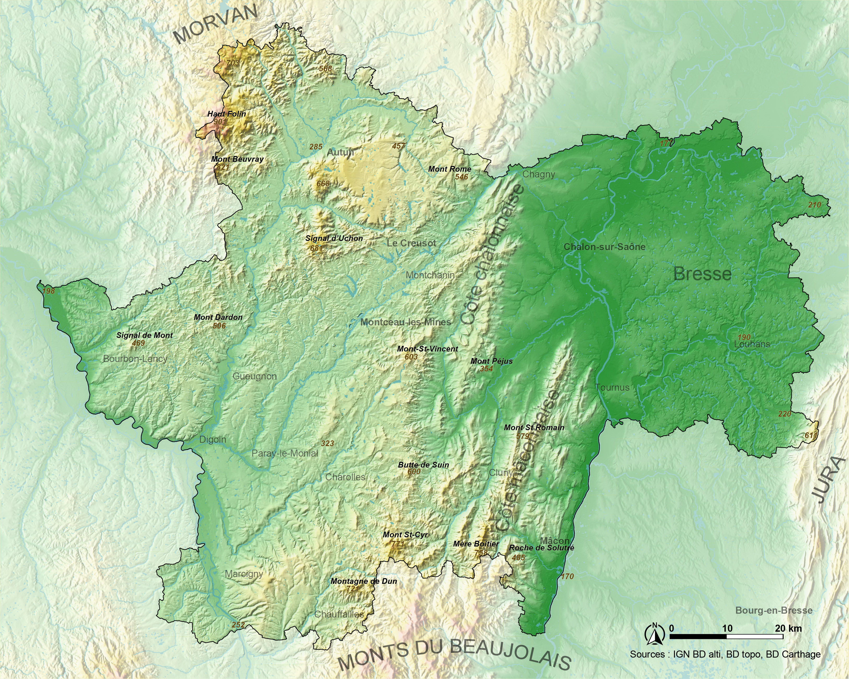 Carte du relief de la Saône-et-Loire