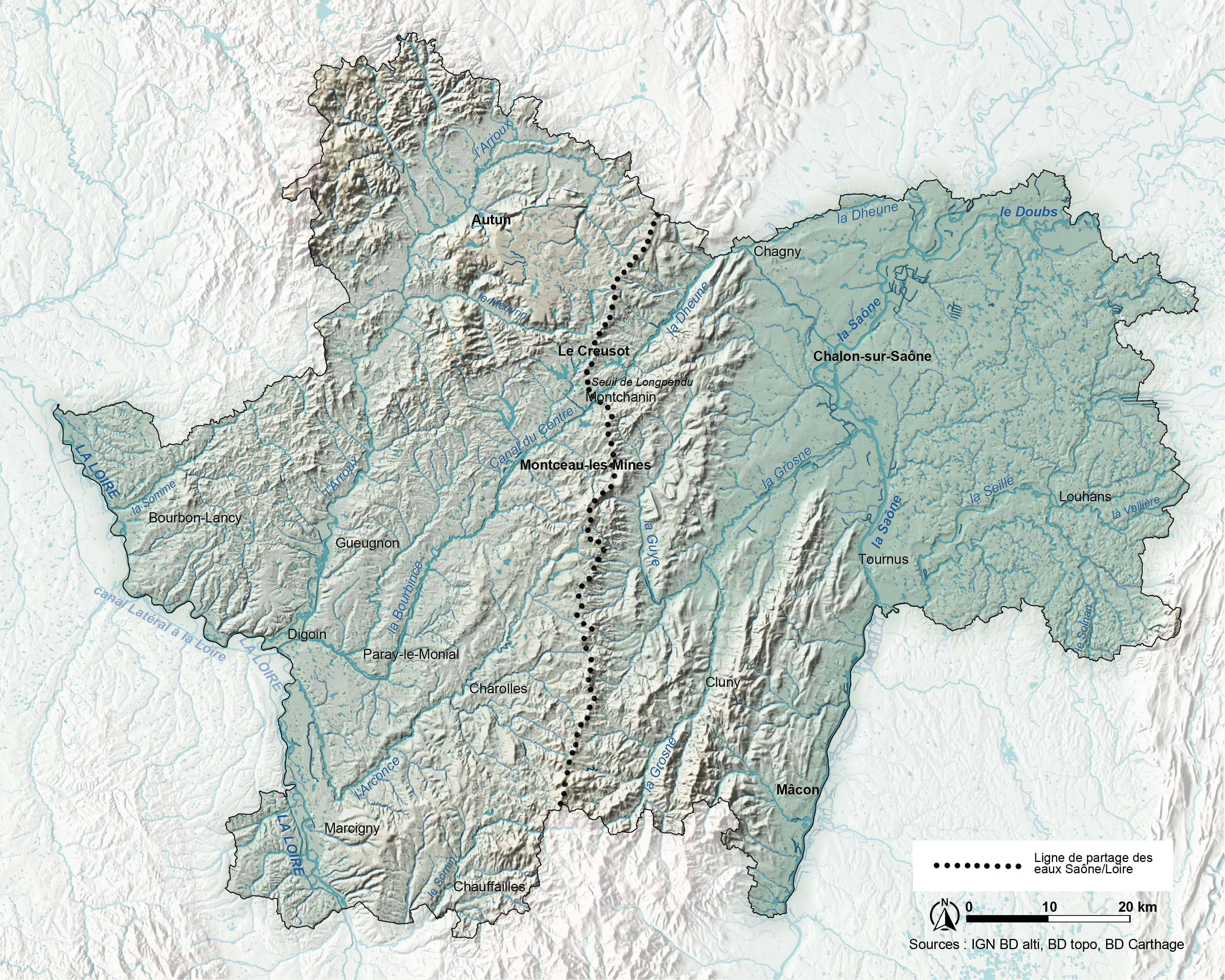 Carte du réseau hydraulique de Saône-et-Loire