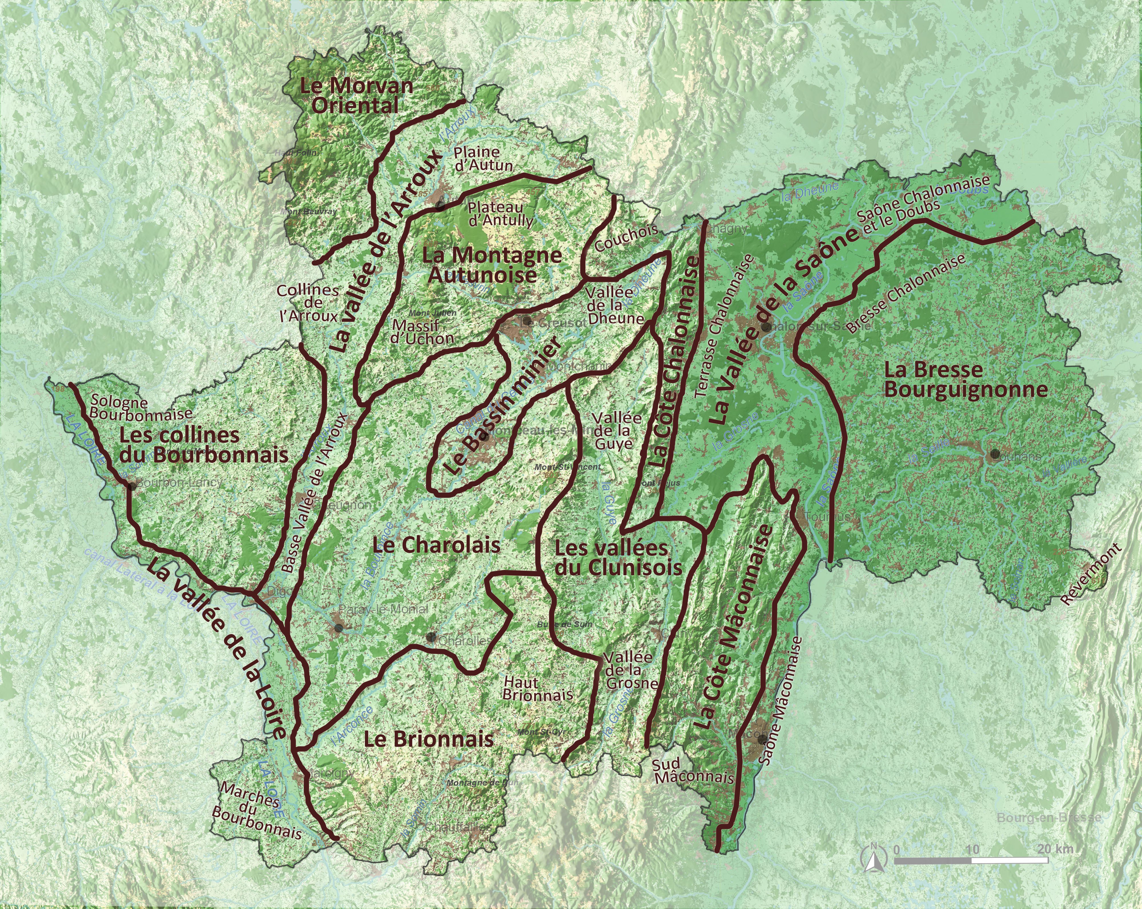 Carte des unités et sous-unités paysagères de Saône-et-Loire