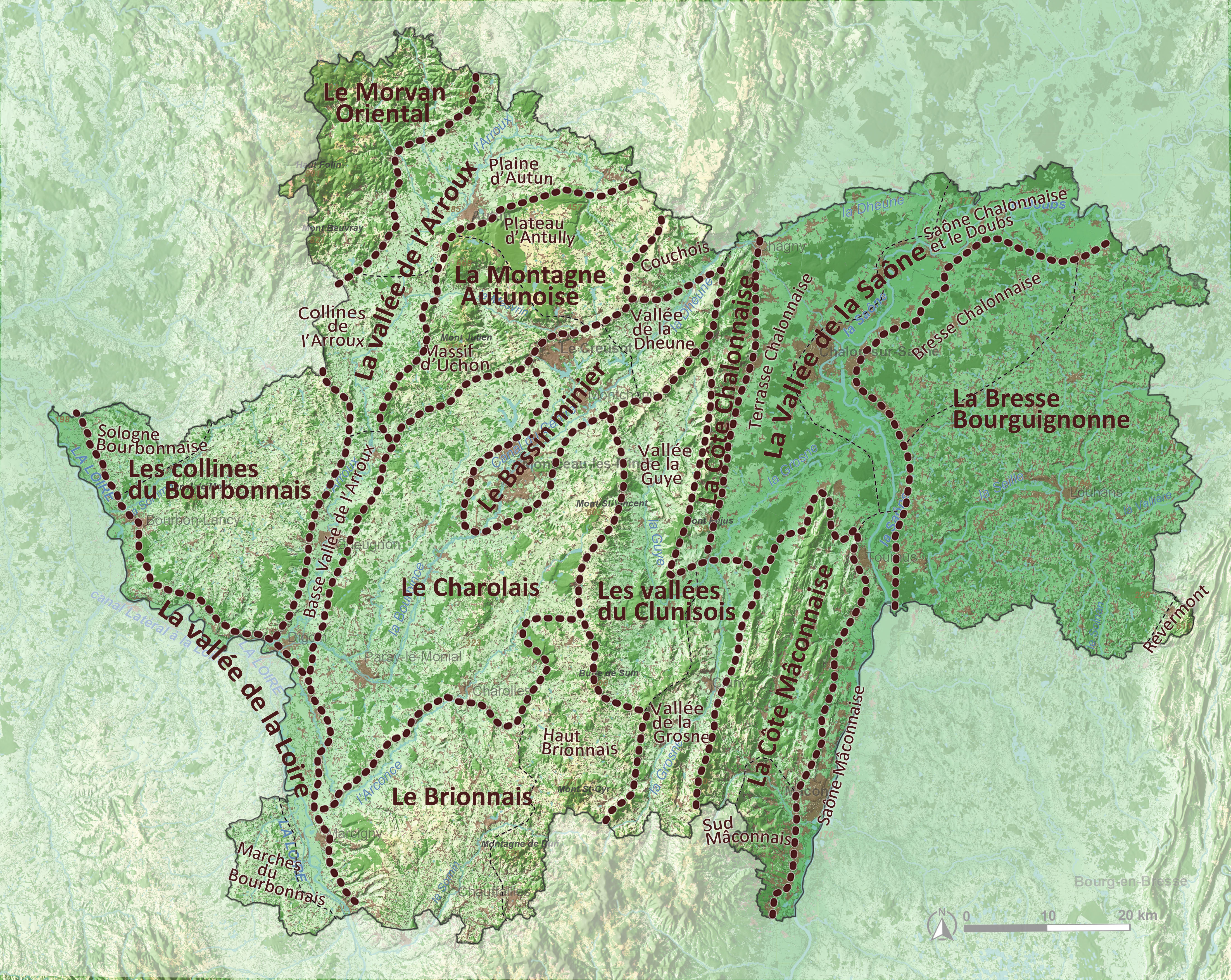 Carte des unités et sous-unités paysagères de Saône-et-Loire