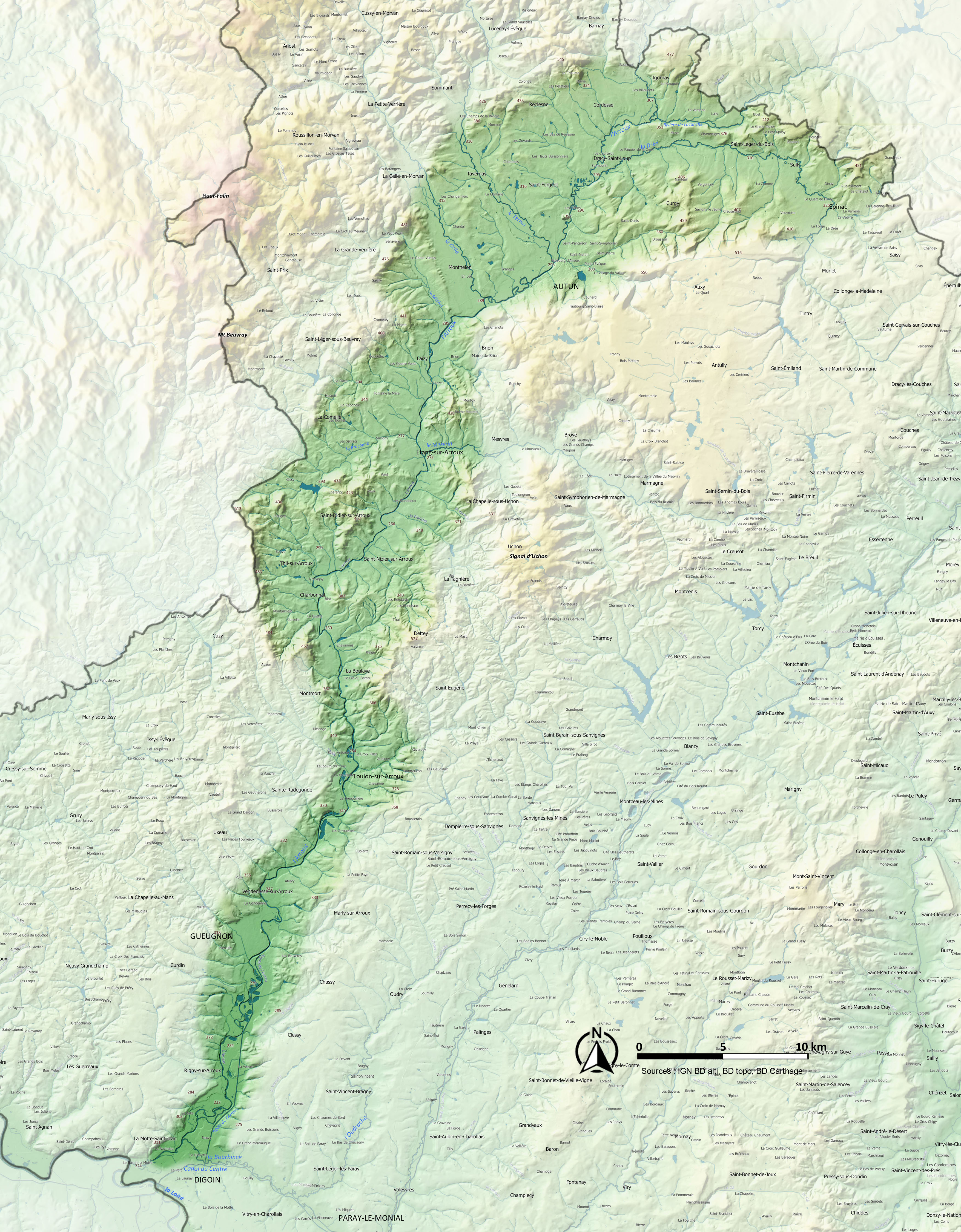 Vallée de l'Arroux carte relief et eau