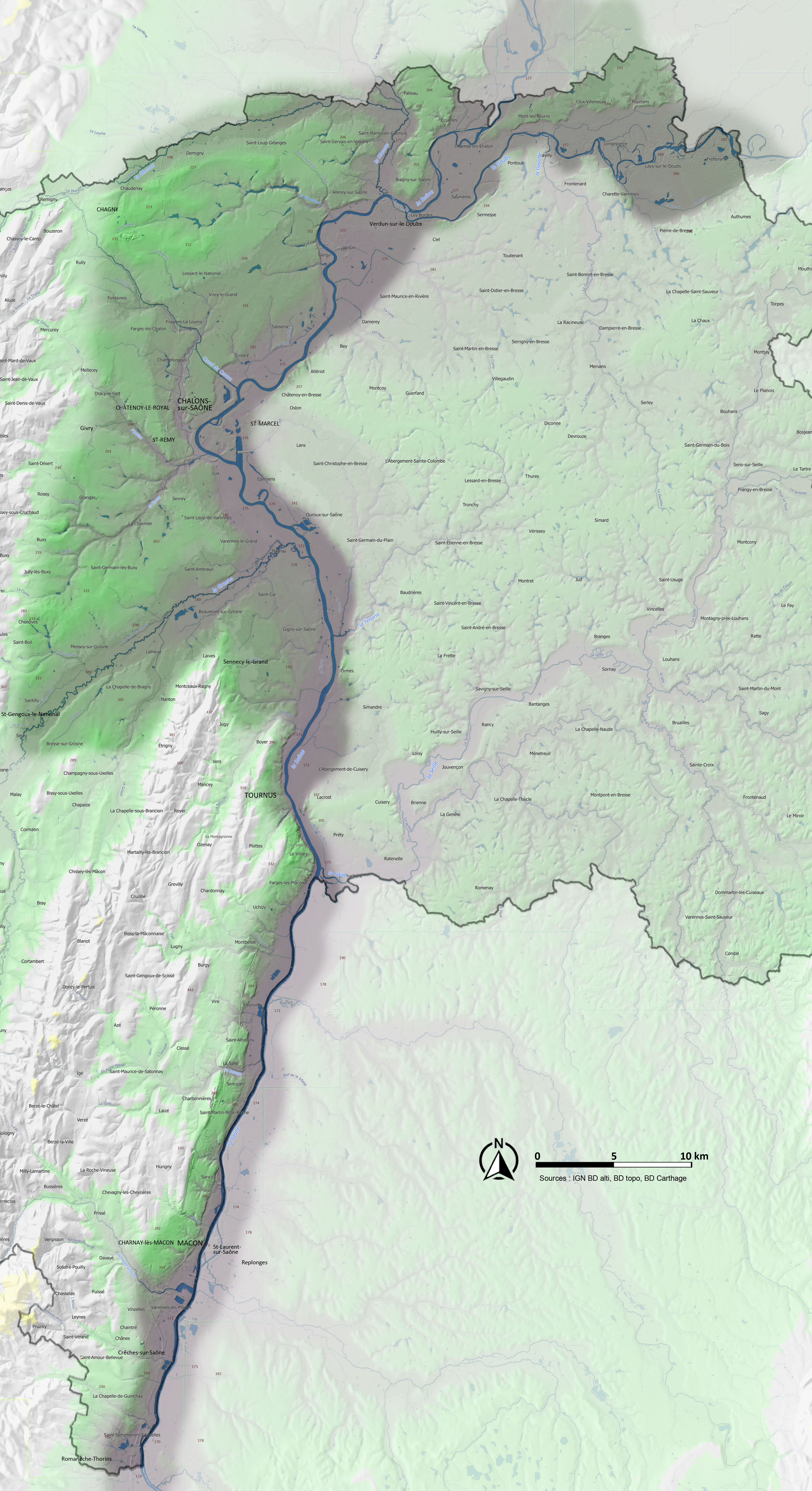 Vallée de la Saône carte relief et eau