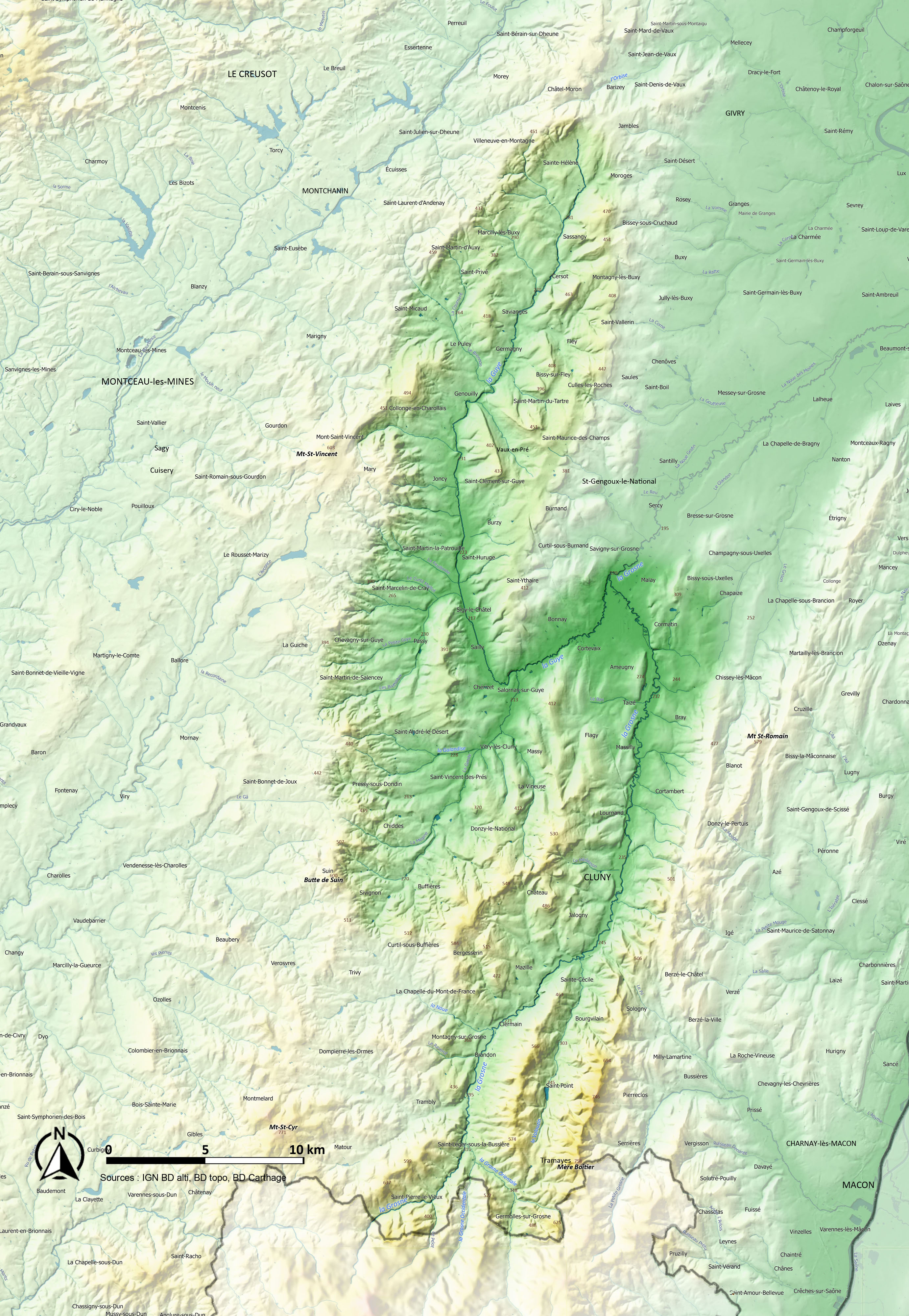Vallées du Clunisois carte relief et eau