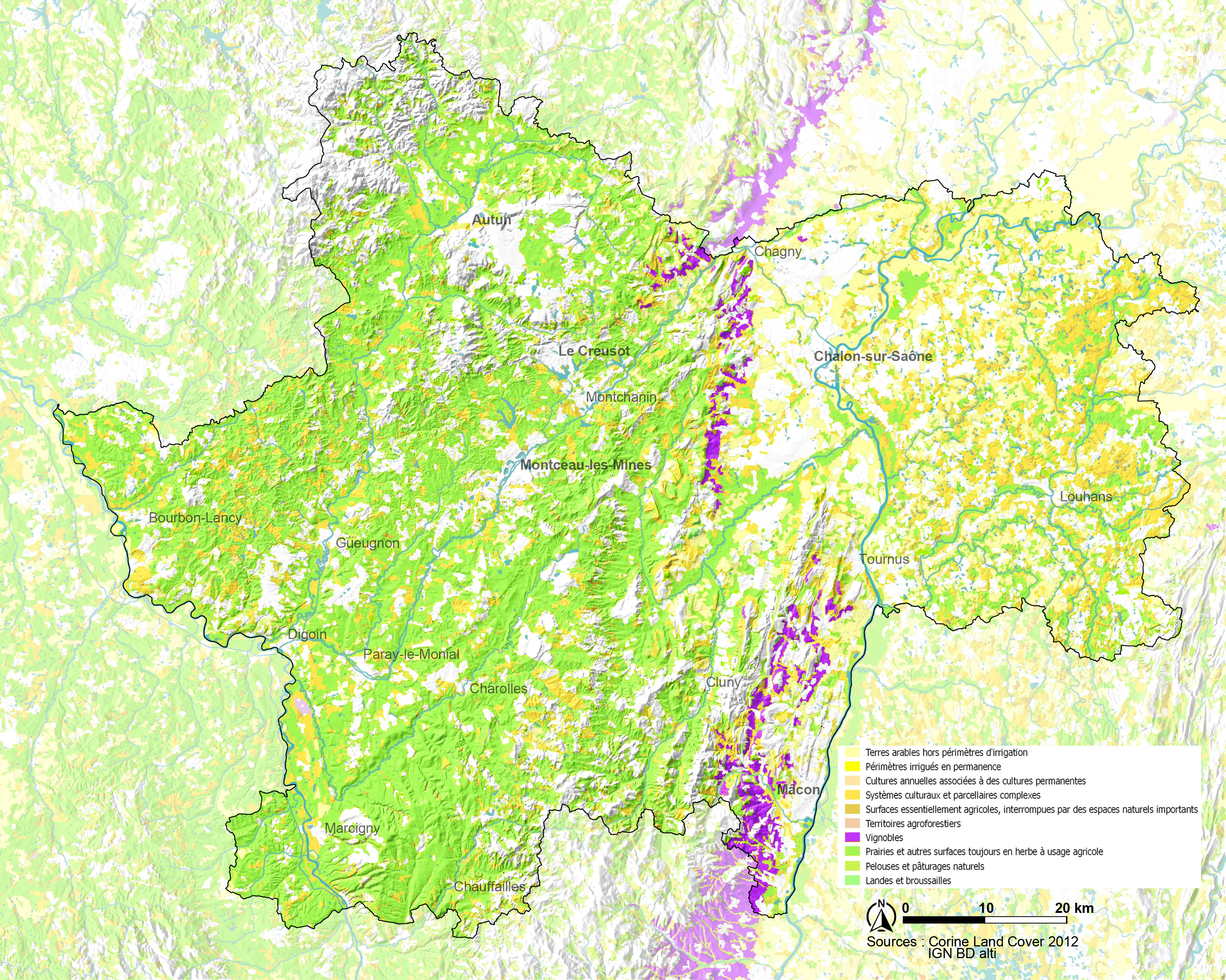 Carte de l'occupation du sol agricole en Saône-et-Loire en grand format (nouvelle fenêtre)